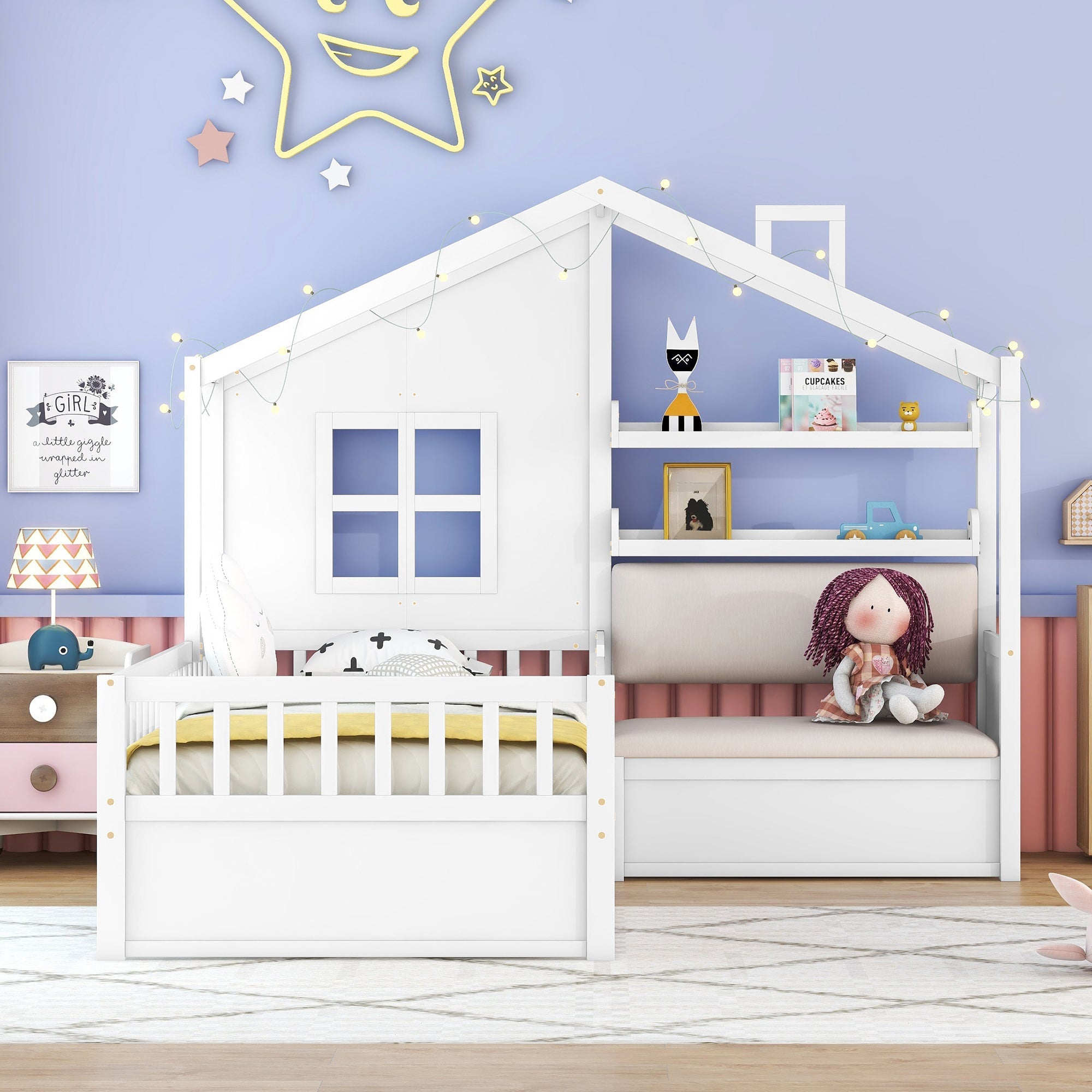 Twin Size House Bed with Sofa, Kids Platform Bed with Two Drawers and Storage Shelf, White (Old SKU:HL000065AAK)