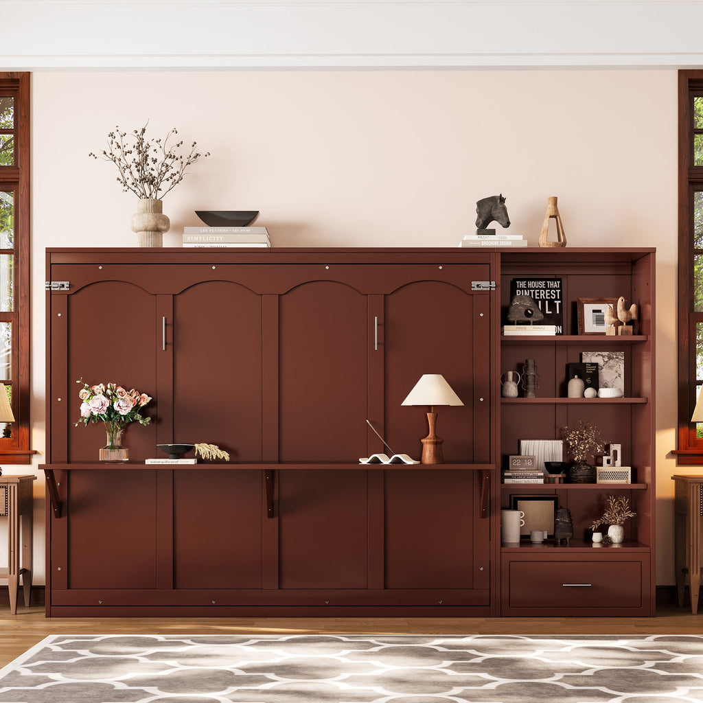 Queen Size Murphy Bed with Height Adjustable Storage Compartments and Shelf, Wall Bed Frame With 1 Drawer, Multifunctional Foldable Platform Bed for Small Space,Bedroom,Guest Room, Walnut