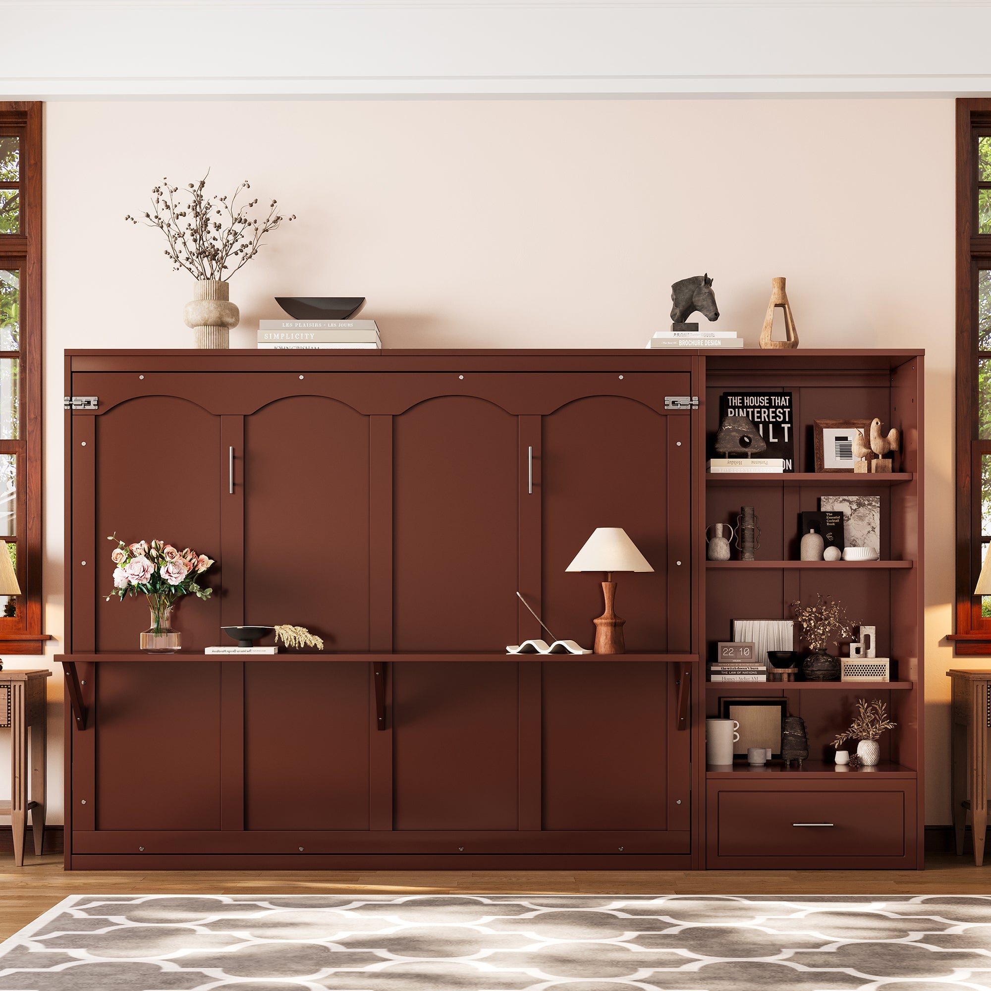 Queen Size Murphy Bed with Height Adjustable Storage Compartments and Shelf, Wall Bed Frame With 1 Drawer, Multifunctional Foldable Platform Bed for Small Space,Bedroom,Guest Room, Walnut