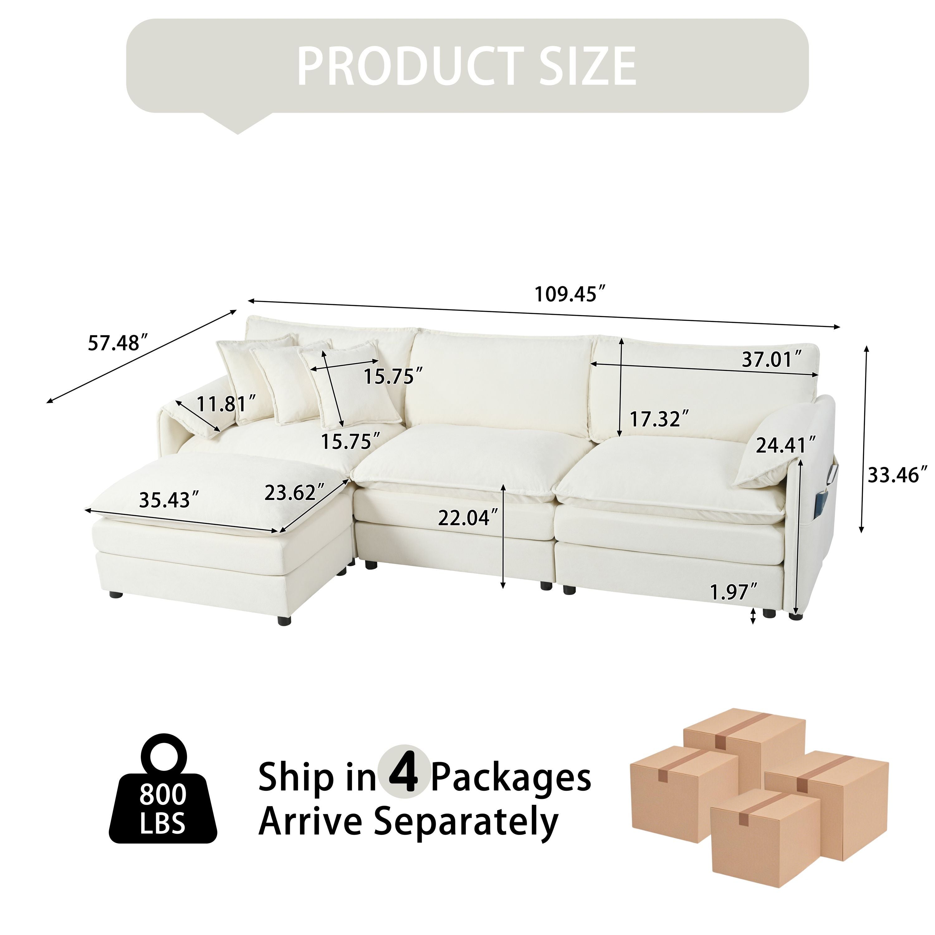 Modular Sectional Sofa, Oversized Deep Seat L Shaped Couch Set for Living Room, 3-Seater Comfy Cloud Couches with Movable Ottoman, DIY Combination, Chenille,Beige