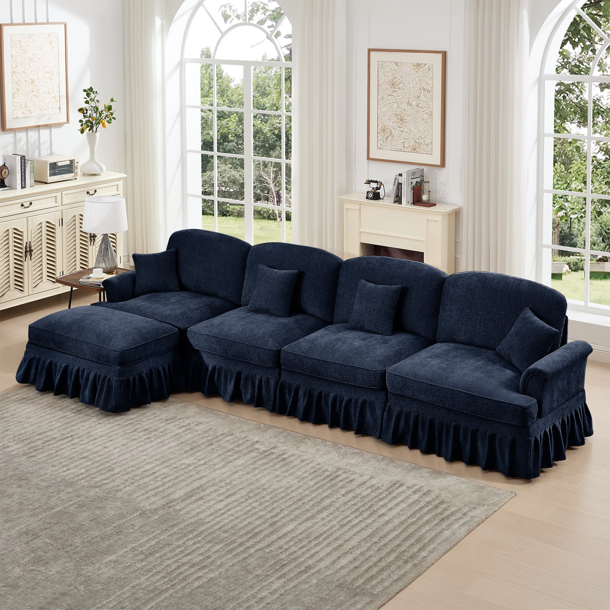 Classic Three Seater Modular L Shaped Sectional Couch with Flared Arms and Removable Ruffles Pleats Skirts and Spindle Legs, Comfy Chenille Four-Seat Deep Seat Sofa with Movable Ottoman, Blue