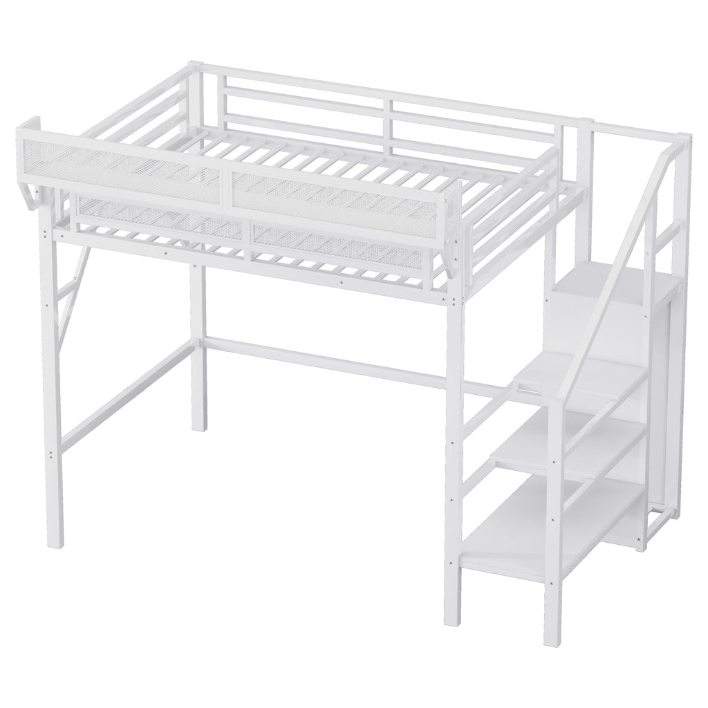 Twin Size Loft Bed with Stairs, Metal Full Loft Bed with Storage Shelves, High Loft Bed with Wardrobe for Kids Teens,White(Expect Arrival Date 2025/9/22)