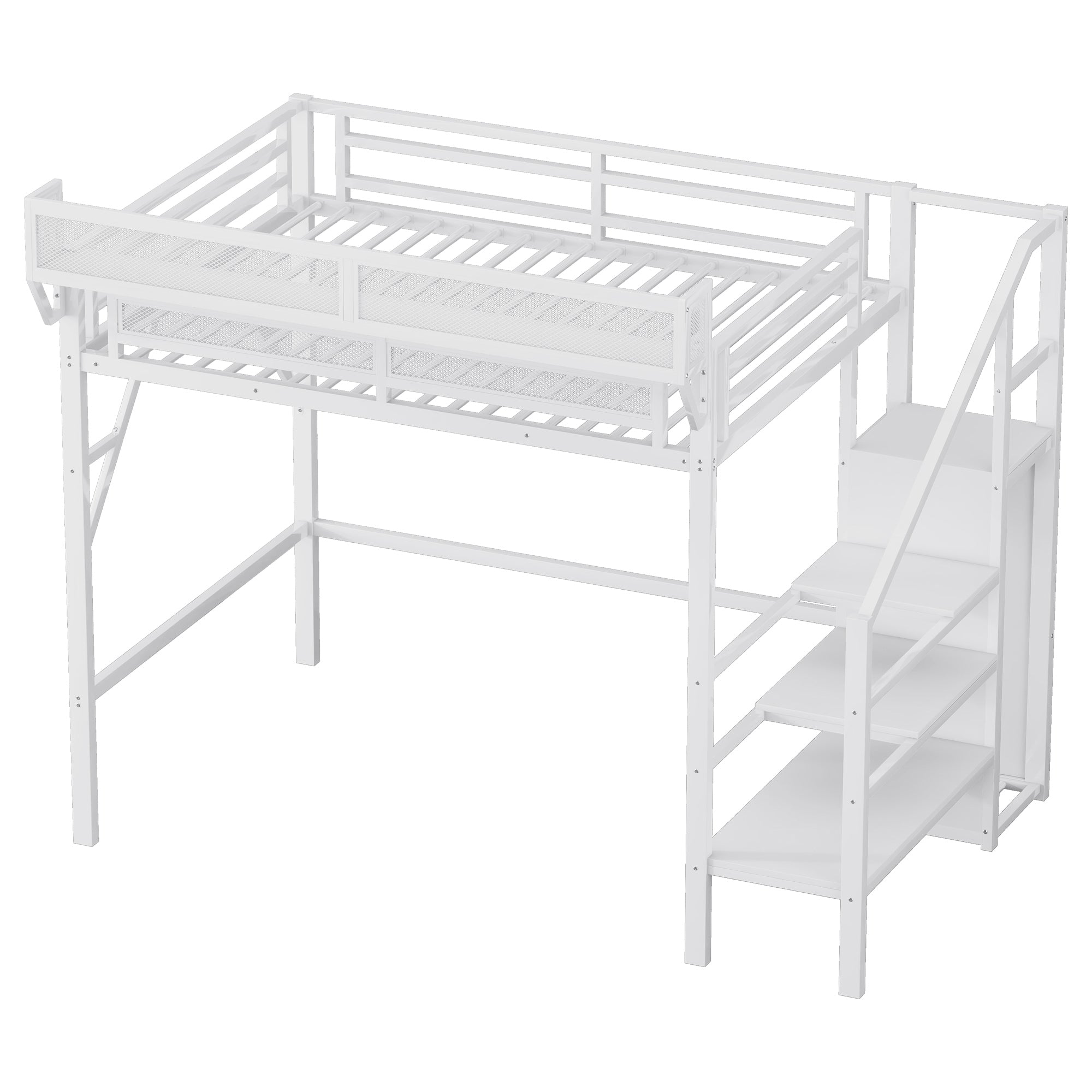 Twin XL Size Loft Bed with Stairs, Metal Full Loft Bed with Storage Shelves, High Loft Bed with Wardrobe for Kids Teens,White(Expect Arrival Date 2025/10/14)