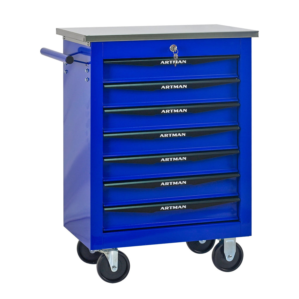 7 Drawers Multifunctional Tool Cart with Wheels,Metal Rolling Tool Cart Storage for Garage Workshop Warehouse Repair Shop--With Stainless Steel Roof- BLACK&BLUE