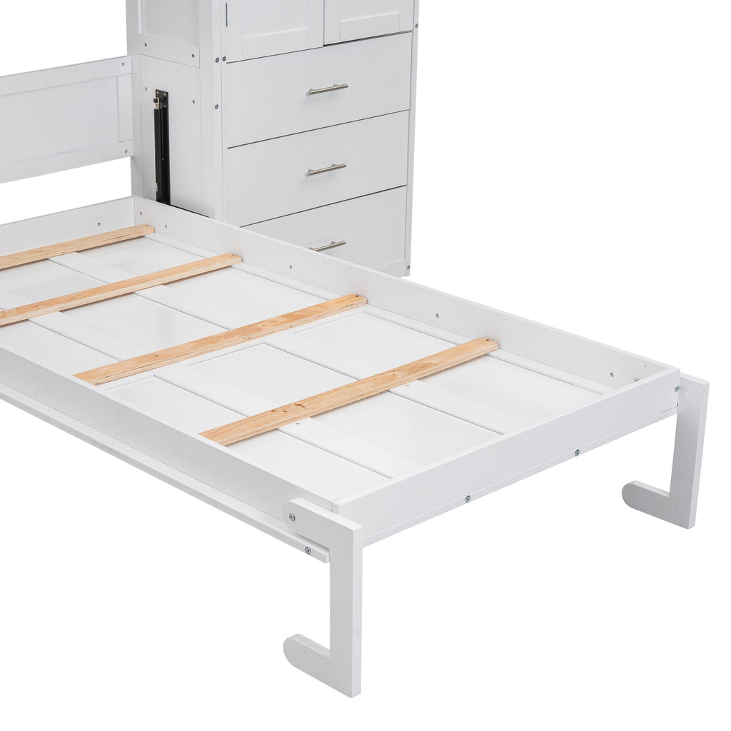 White Twin Size Murphy Bed with Lockers and Wardrobes, MDF+Pine, 93.2''L x 15.7''W x 99''H
