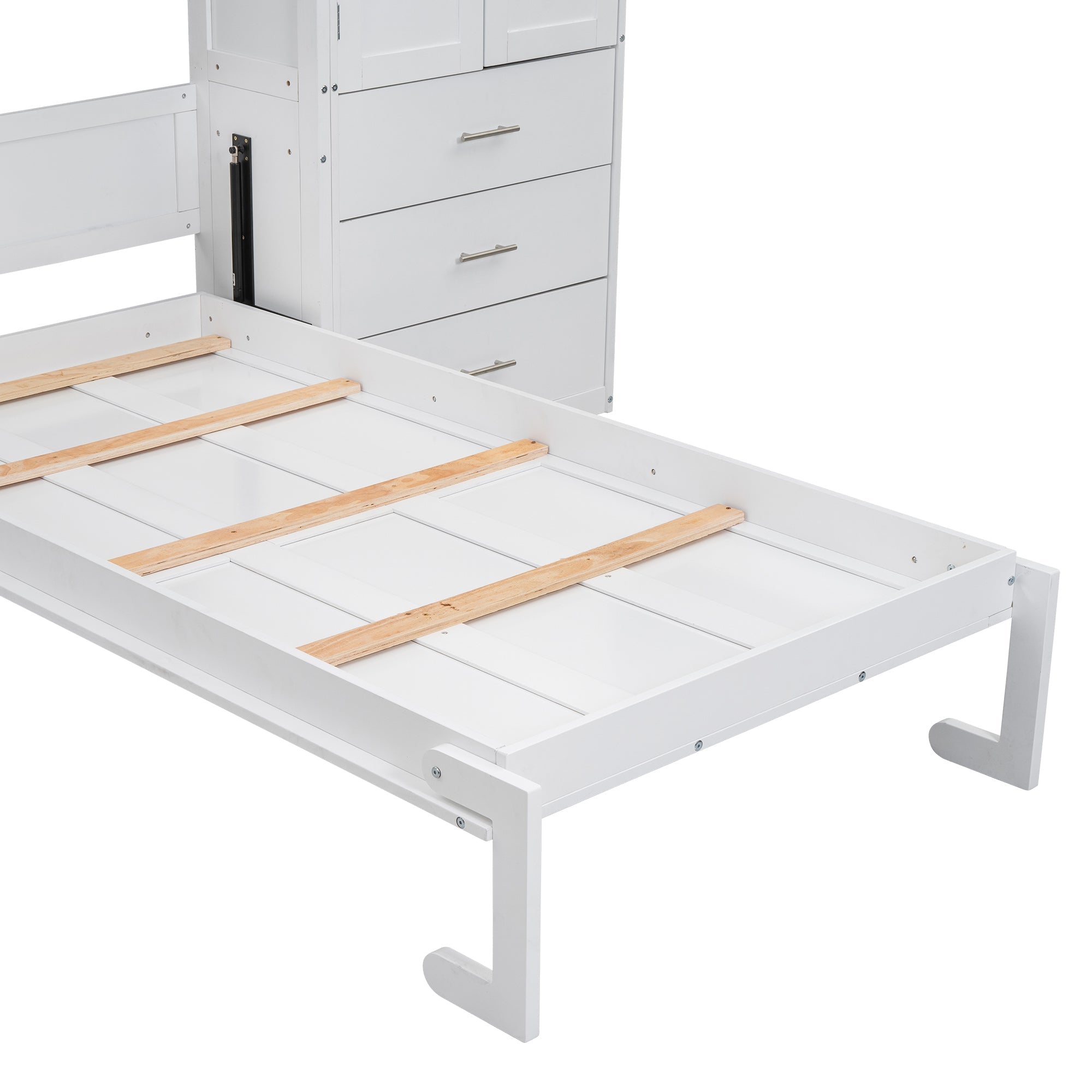 White Twin Size Murphy Bed with Lockers and Wardrobes, MDF+Pine, 93.2''L x 15.7''W x 99''H