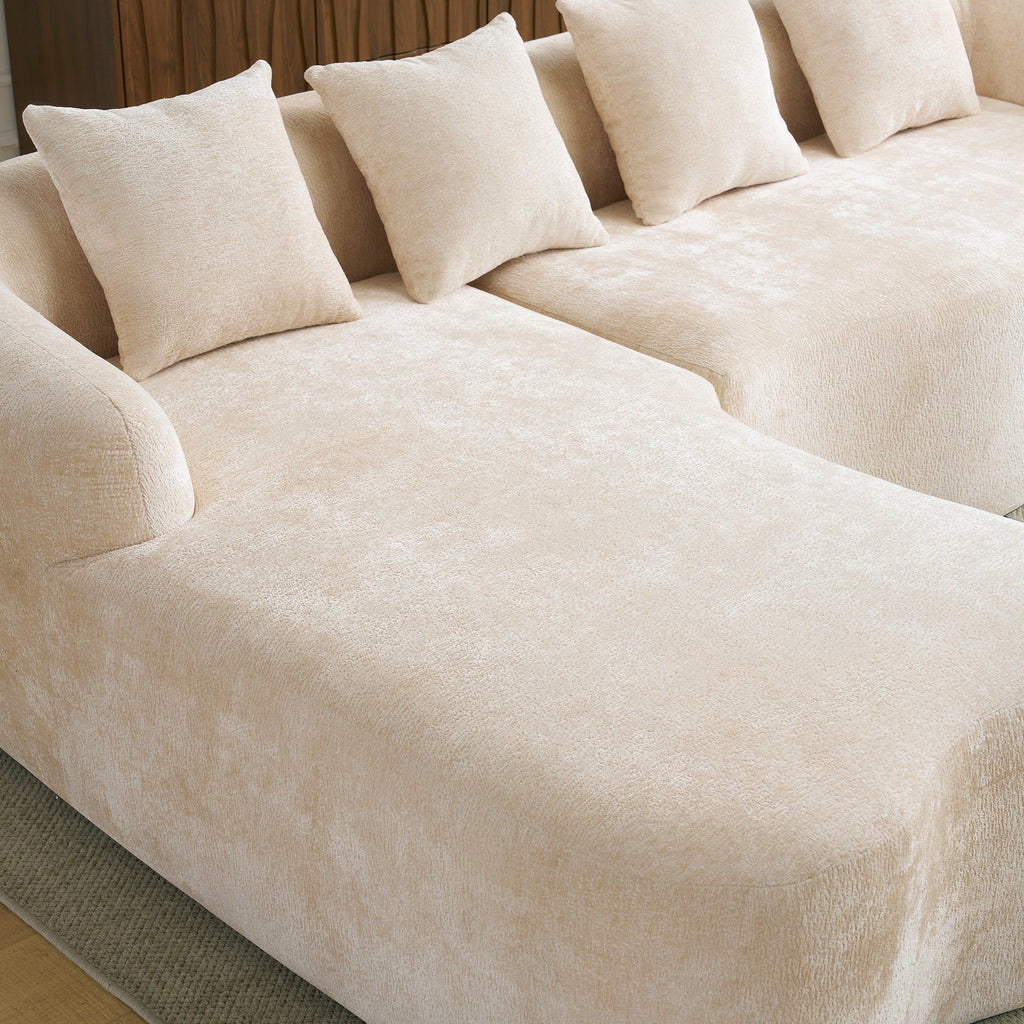 Full Compression L-Shape Sectional Sofa with Curved Chaise, Beige Modular Chenille Couch, High-Density for Apartment Living Room