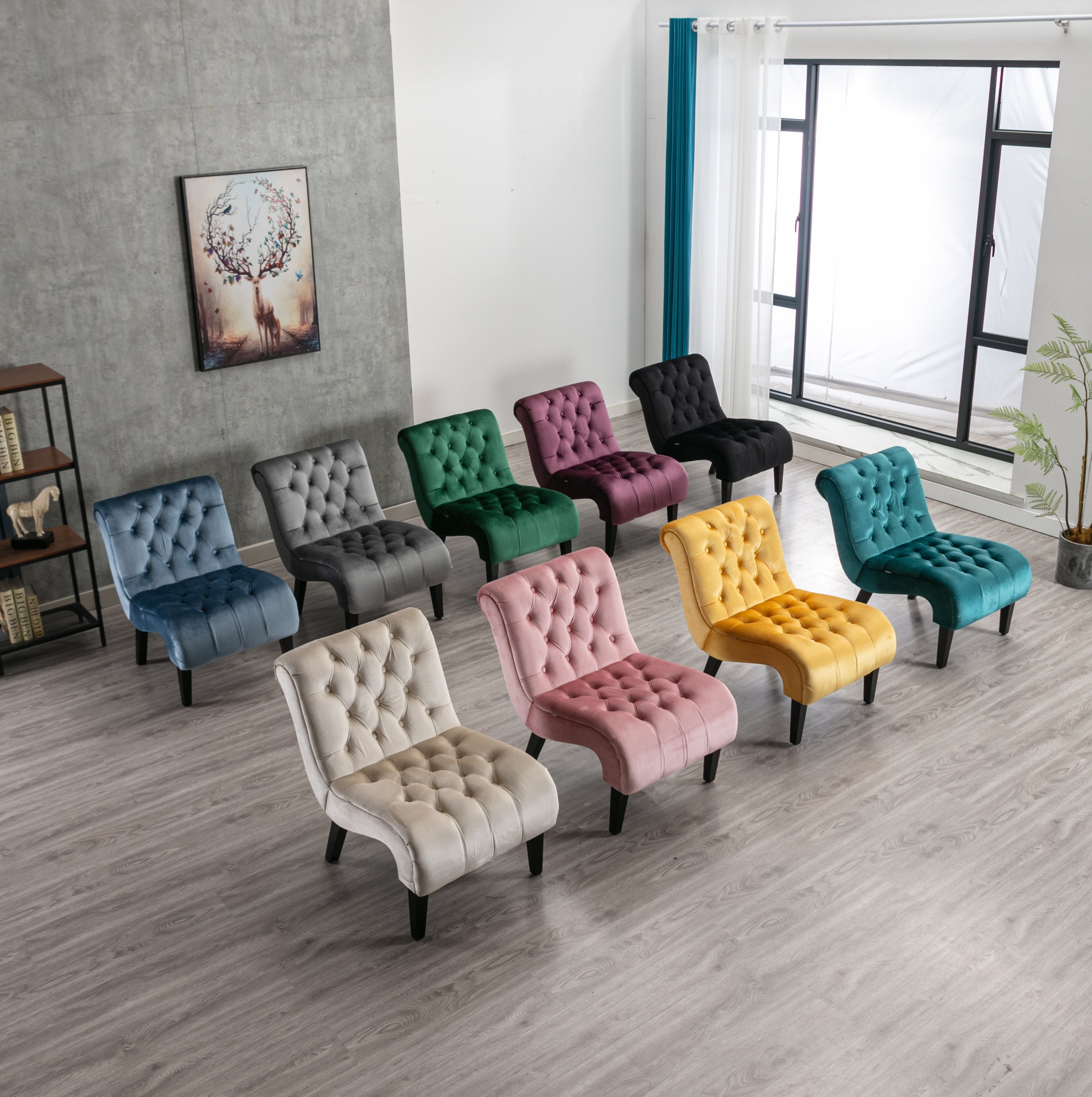 COOLMORE Modern Velvet Armless Accent Living Room Chair / Leisure Chair,Upholstered Fabric Button Comfortable Chair with Wooden Legs for Bedroom, Living Room, Office (Beige Velvet)