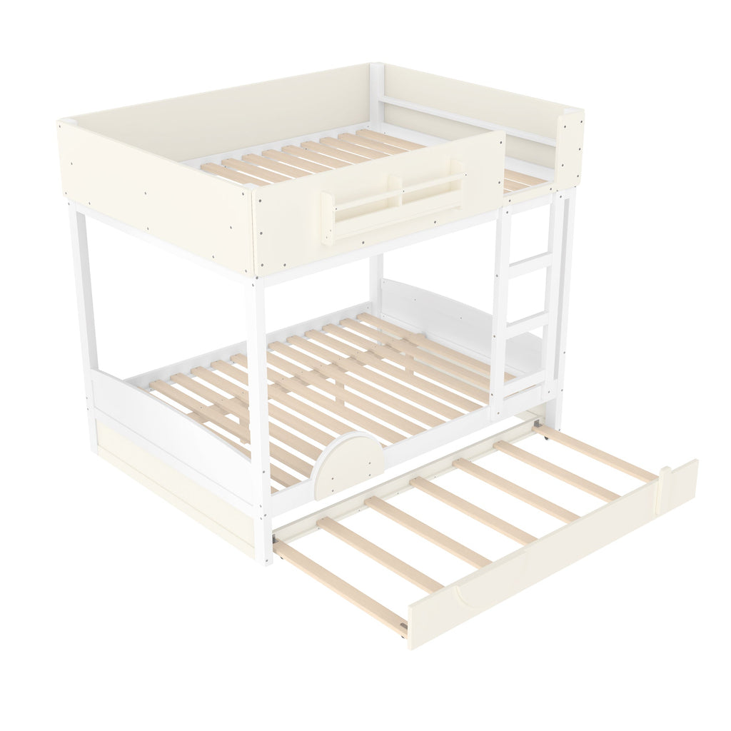 Full Bunk Bed with Trundle , Wood Bunk Bed Frame with Built-in Bookshelf and High-quality Safety Guardrail,Automobile Form Design for Kids ,White＆ Beige.