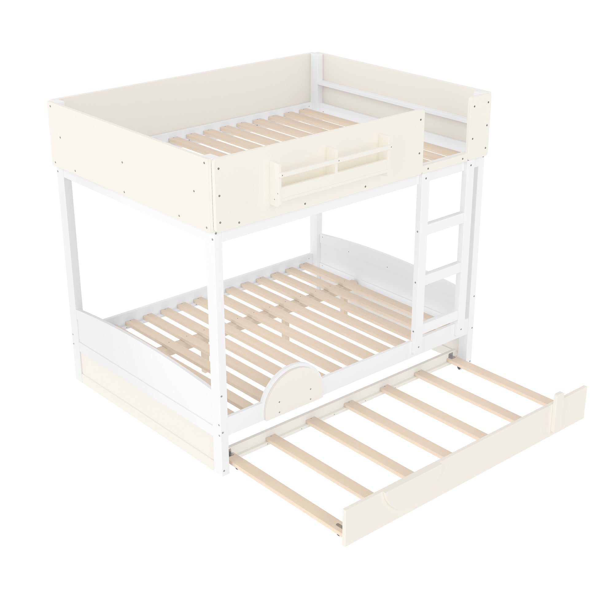 Full Bunk Bed with Trundle , Wood Bunk Bed Frame with Built-in Bookshelf and High-quality Safety Guardrail,Automobile Form Design for Kids ,White＆ Beige.