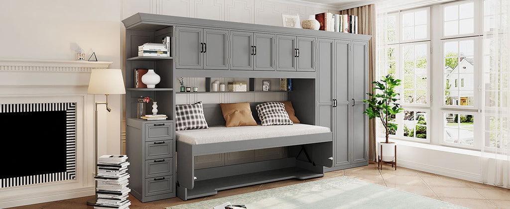 Twin Size Murphy Bed Wall Bed with Wardrobe, Cabinet and Desk, Gray