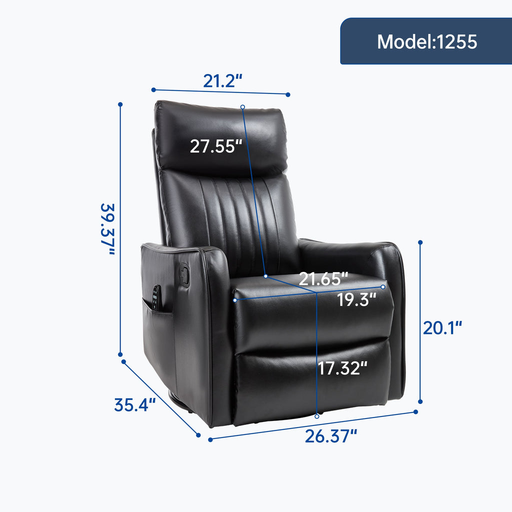 Black Faux Leather Heat Massage Manual Recliner Chair with Rocker and Swivel for Living Room