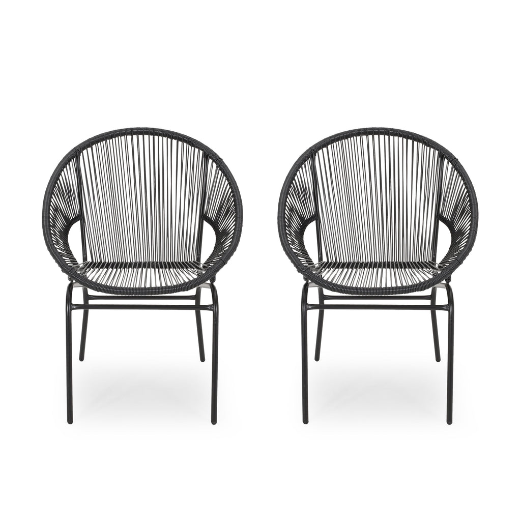 Outdoor Faux Rattan/Iron Metal Club Chair, Set of 2, Black