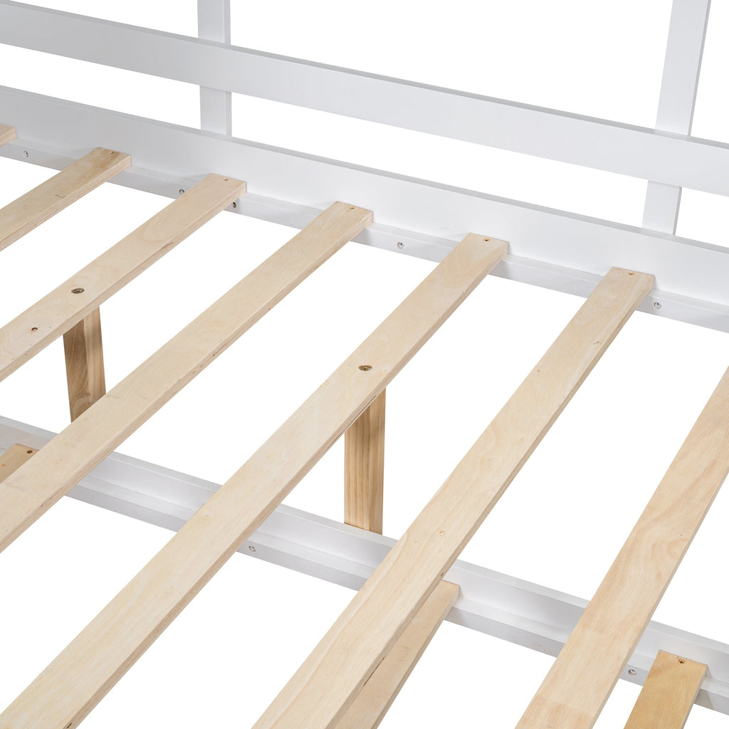 Wooden Full Size House Bed With Trundle, Modern Design for Kids with Storage Shlef, White(old SKU HL000095AAW)