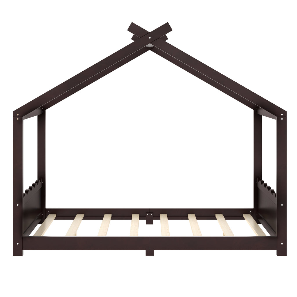 Full House Floor Bed with Support Slats, Solid Wood House Bed Frame for Kids, No Box Spring Needed and Opening Constructure, Espresso