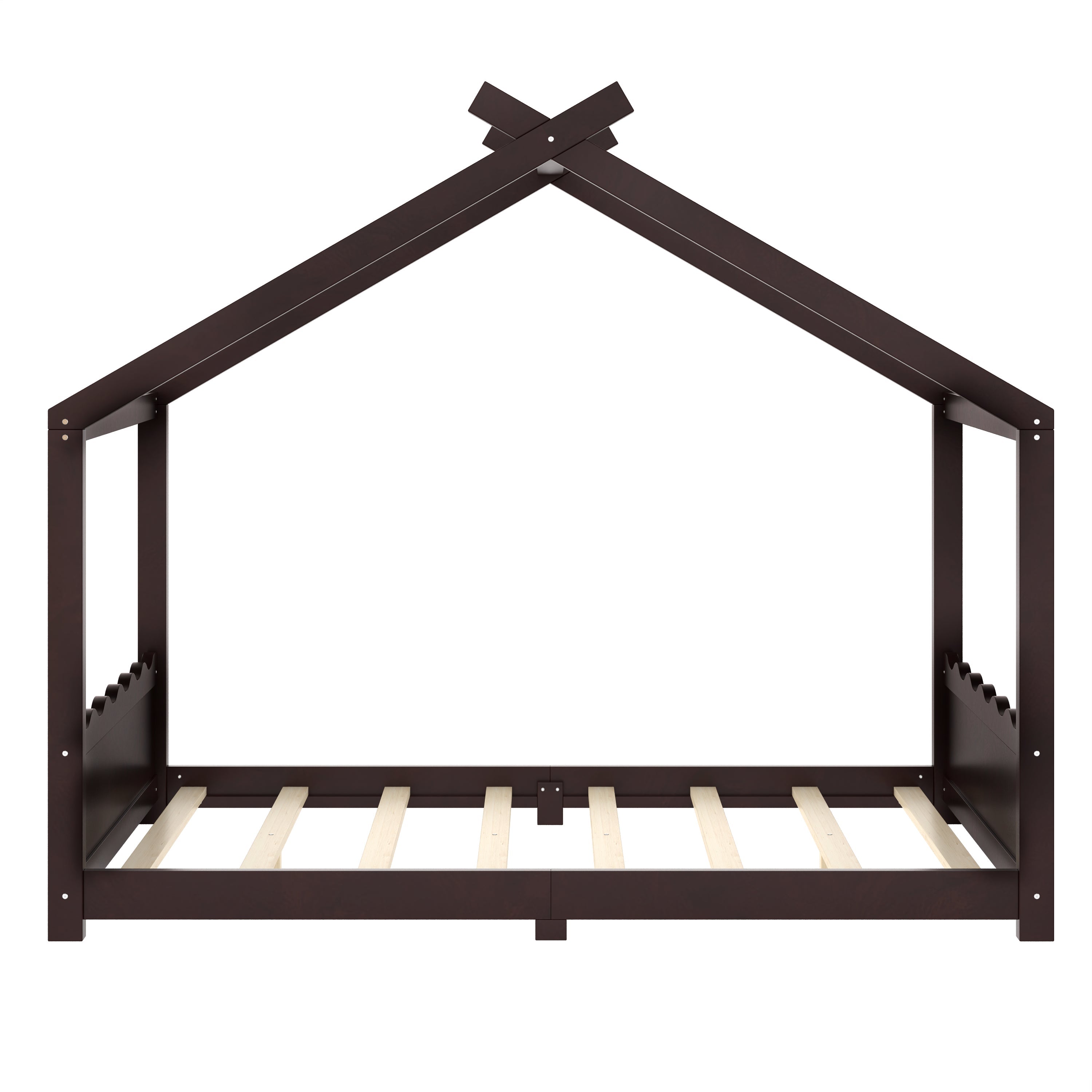 Full House Floor Bed with Support Slats, Solid Wood House Bed Frame for Kids, No Box Spring Needed and Opening Constructure, Espresso