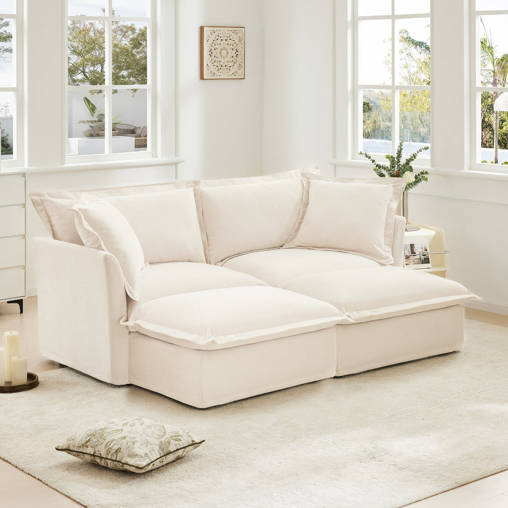 Slipcovered Sofa 2 Seater Sofa    With 2 Ottomans, 2 Seater Sleeper Sofa Bed Home Theater Oversized Sofa For Living Room, Chenille, Cream