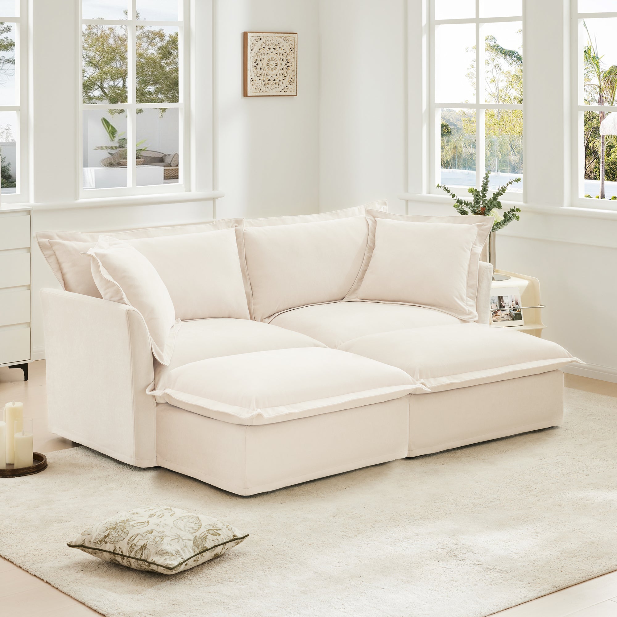 Slipcovered Sofa 2 Seater Sofa    With 2 Ottomans, 2 Seater Sleeper Sofa Bed Home Theater Oversized Sofa For Living Room, Chenille, Cream