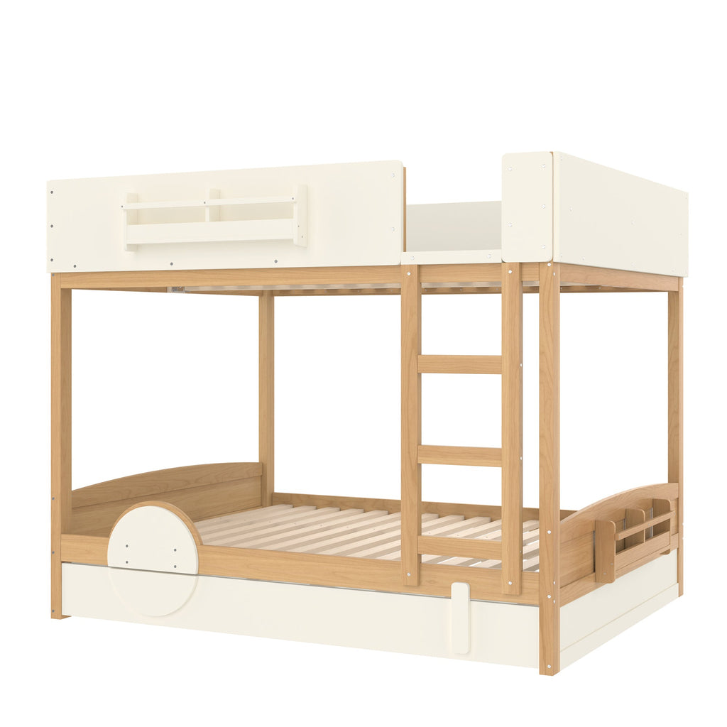 Queen Bunk Bed with Trundle , Wood Bunk Bed Frame with Built-in Bookshelf and High-quality Safety Guardrail,Automobile Form Design for Kids,Natural＆Beige