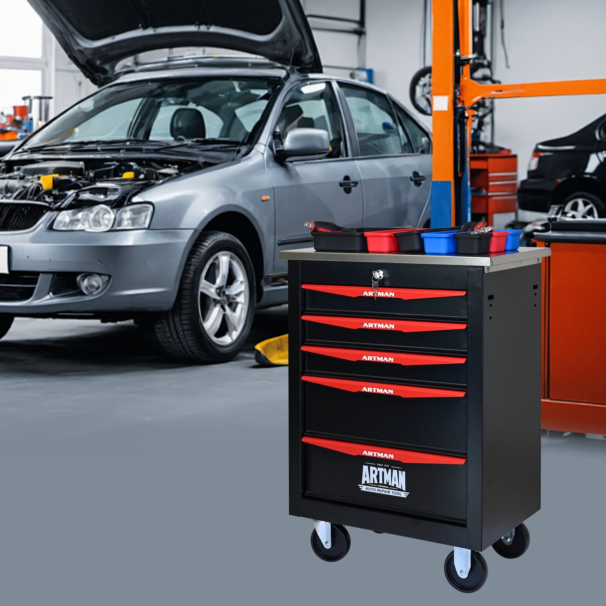 5-Drawer Multifunctional Tool Cart with Wheels, Metal Rolling Tool Cart Storage for Garage Workshop Warehouse Repair Shop - with Stainless Steel Roof - Black & Red