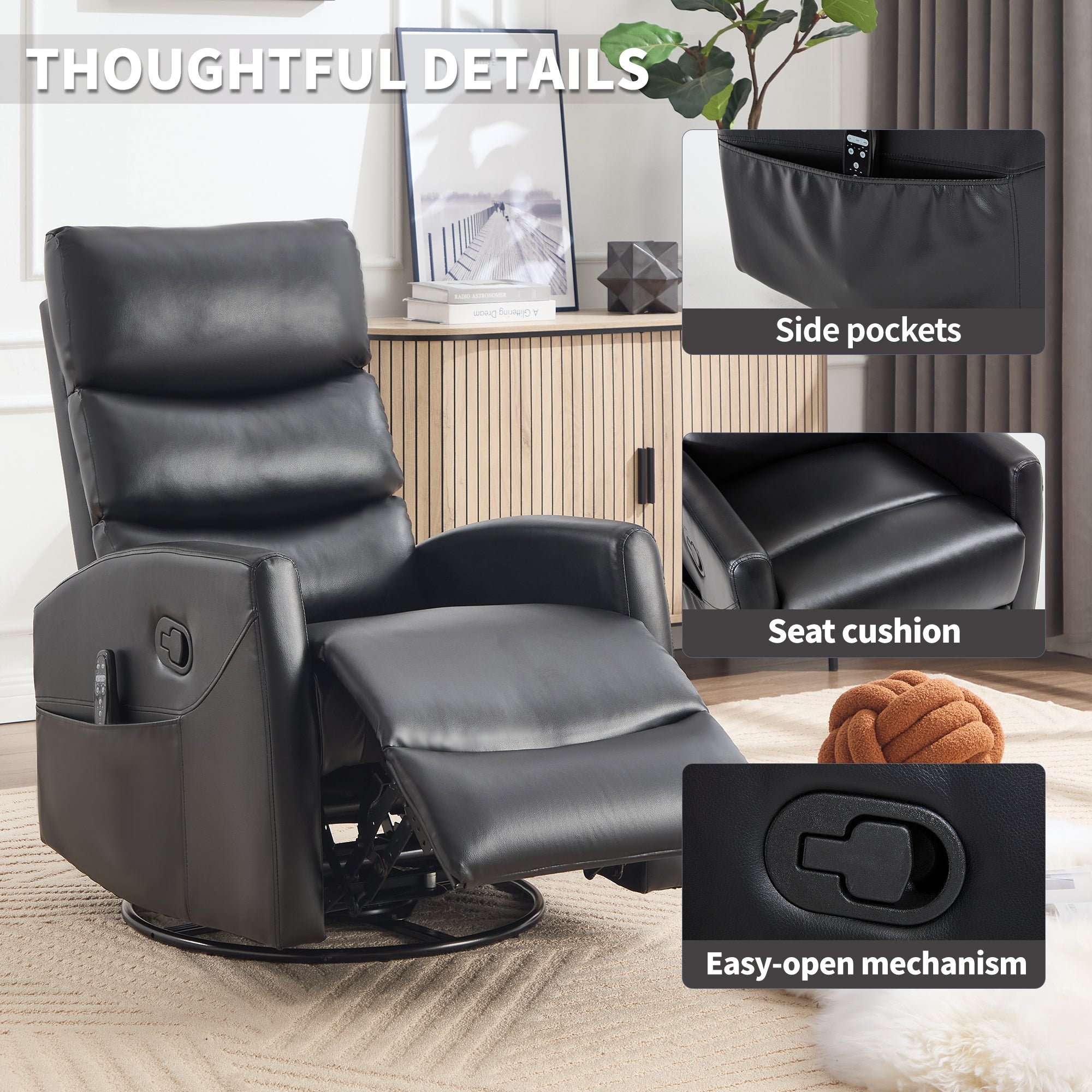 Heat Massage Manual Recliner Chair with Rocker and Swivel in Fabric for Living Room, Black