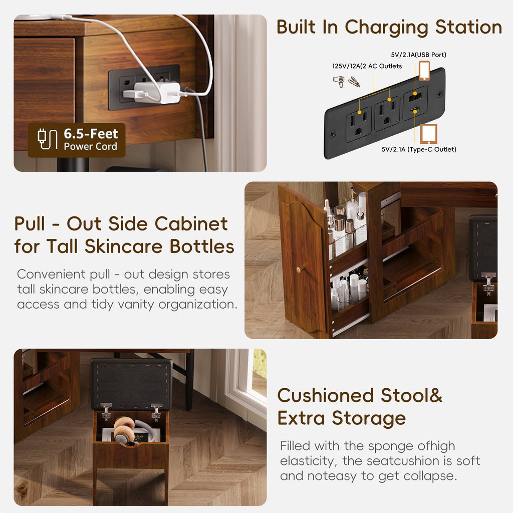 Corner Vanity Desk Set with Storage Cushioned Stool and Charging Station, Triangle Makeup Desk with Removable Pull-Out Side Cabinet, Glass Tabletop Makeup Vanity Desk with Drawer and Shelf, Walnut