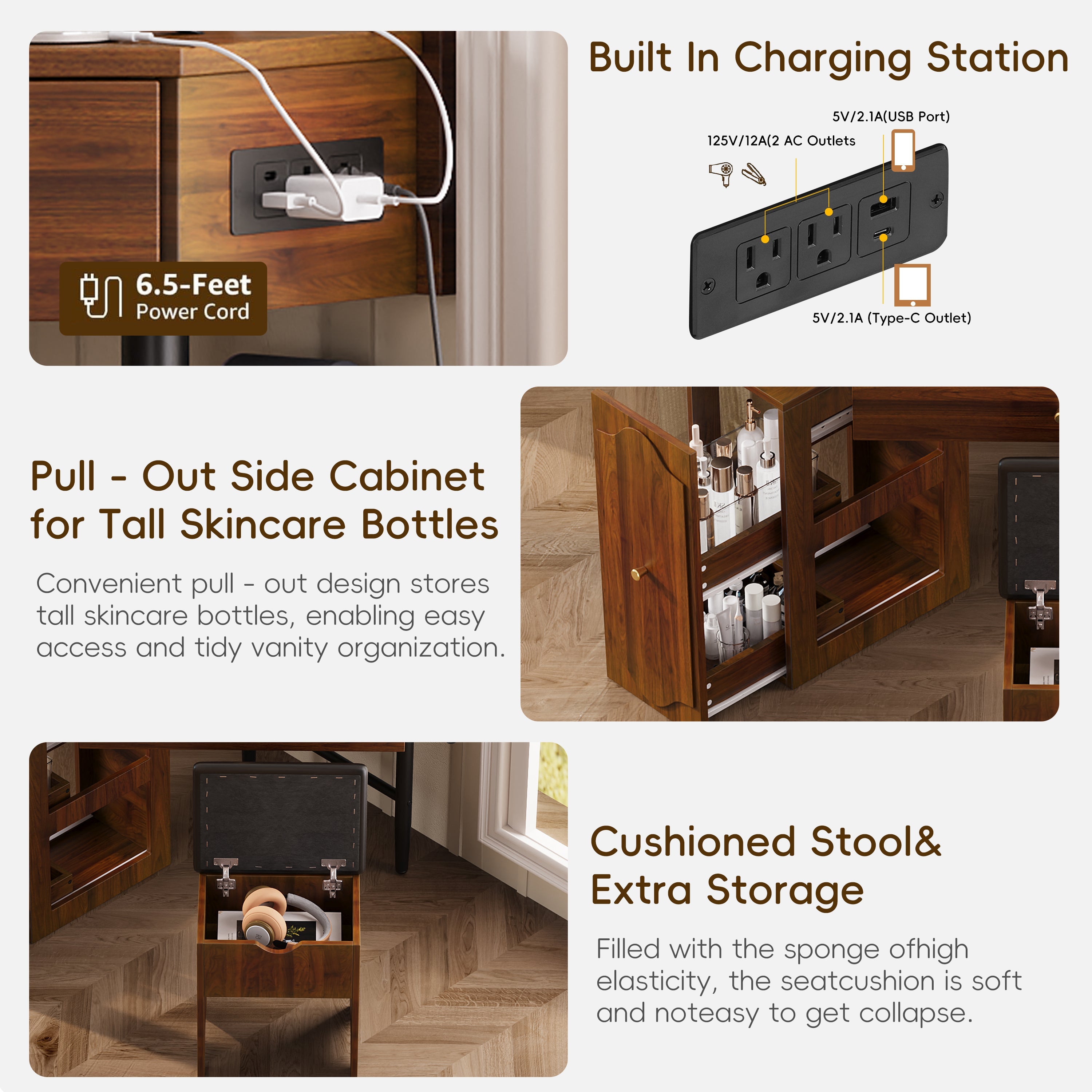 Corner Vanity Desk Set with Storage Cushioned Stool and Charging Station, Triangle Makeup Desk with Removable Pull-Out Side Cabinet, Glass Tabletop Makeup Vanity Desk with Drawer and Shelf, Walnut