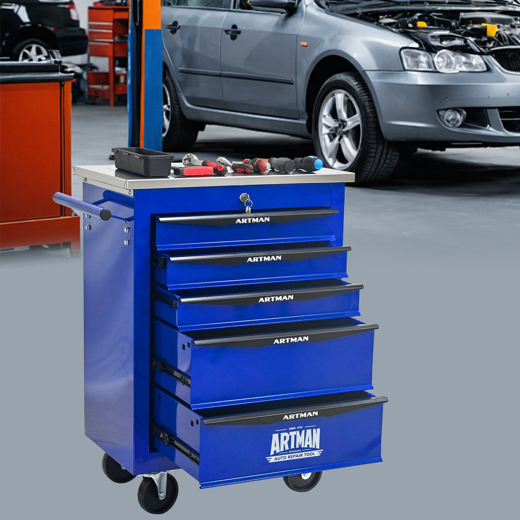 5 Drawers Multifunctional Tool Cart with Wheels,Metal Rolling Tool Cart Storage for Garage Workshop Warehouse Repair Shop--With Stainless Steel Roof- BLACK&BLUE