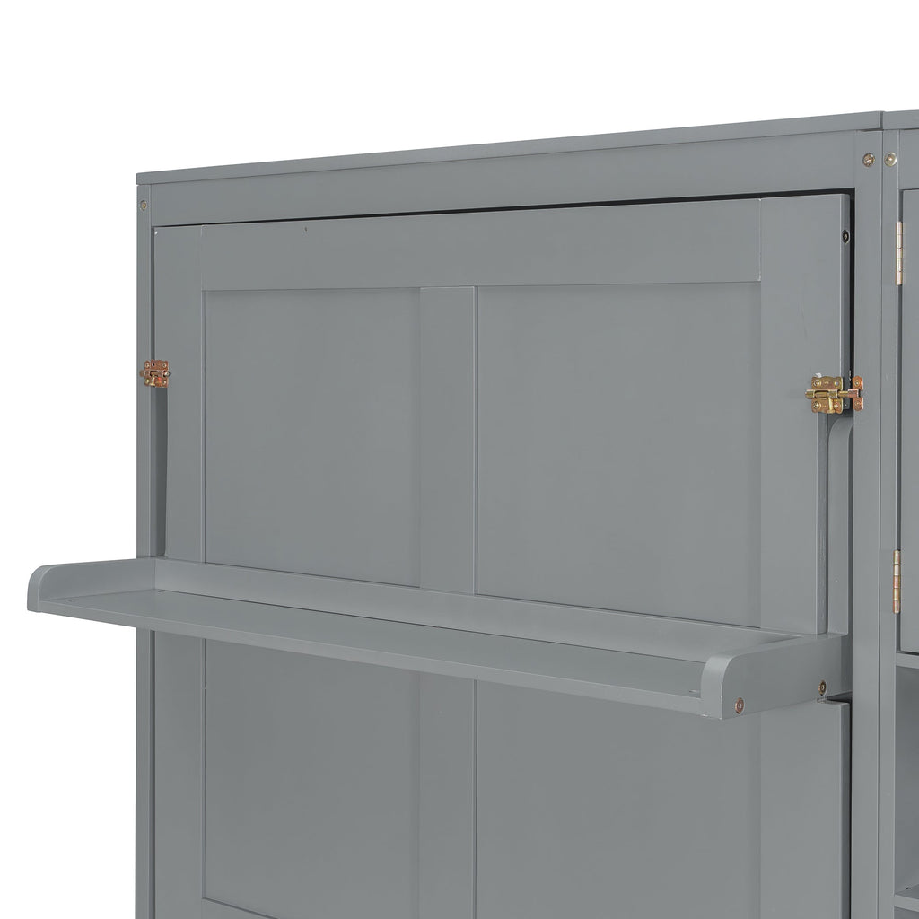 Dual Twin size Wall Murphy Beds with Cabinets and Shelves, Gray