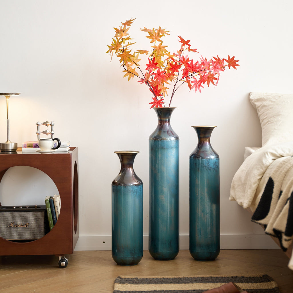 Modern Droplet-Shaped Floor Vase Set – Aqua Blue Glazed Metal Decorative Vases – 3-Piece Home Decor in 20.4 In, 24.4 In & 28.34 In Heights