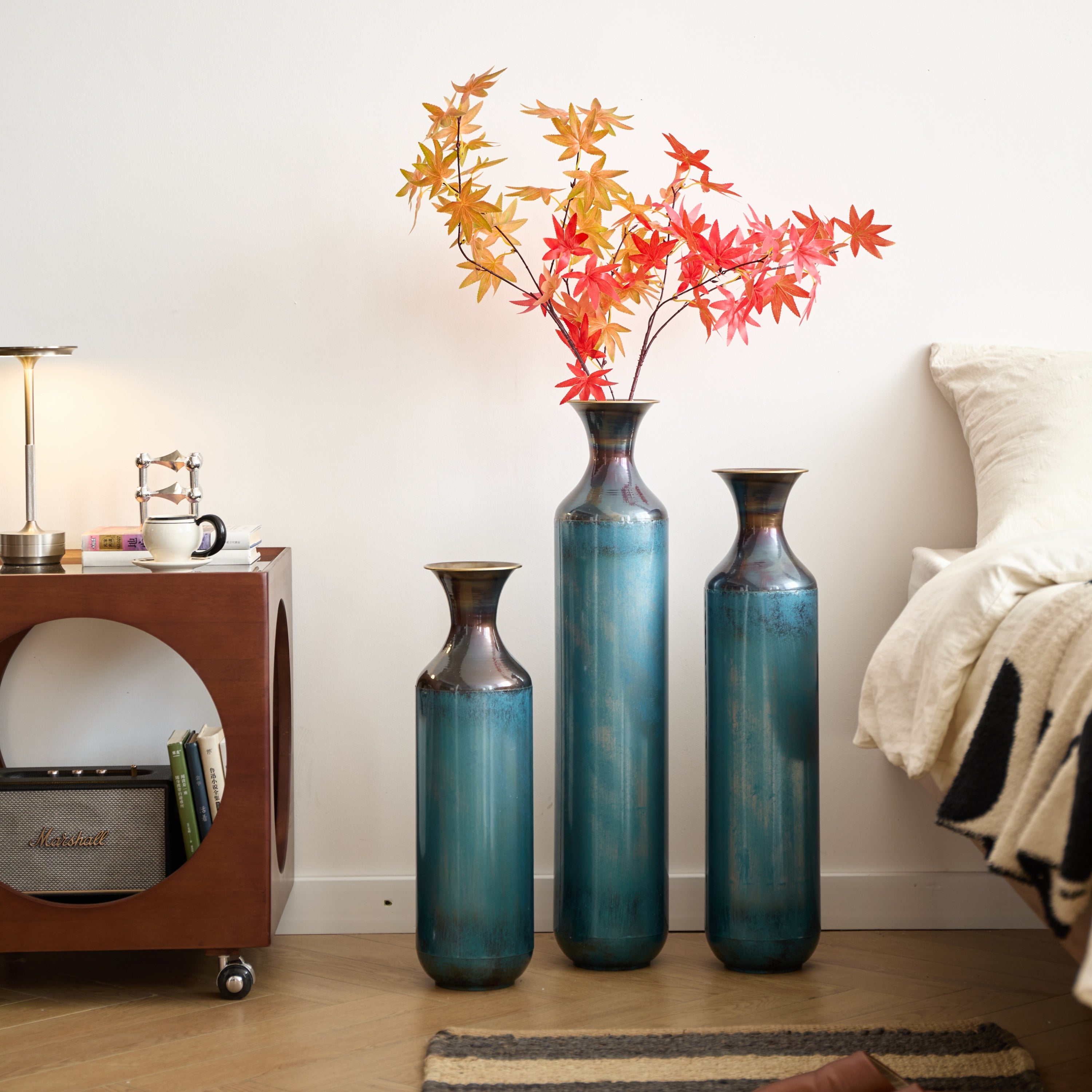 Modern Droplet-Shaped Floor Vase Set – Aqua Blue Glazed Metal Decorative Vases – 3-Piece Home Decor in 20.4 In, 24.4 In & 28.34 In Heights