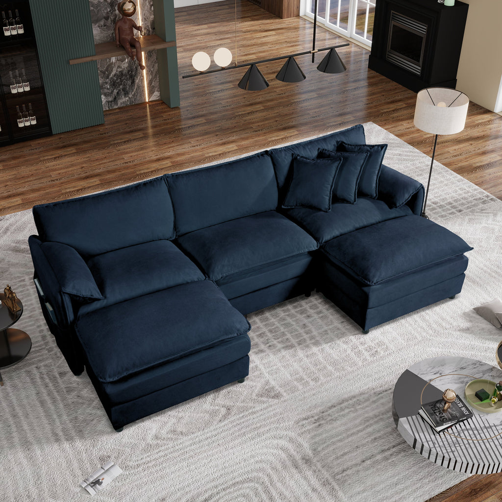 Modular Sectional Sofa, Oversized Deep Seat U Shaped Couch Set for Living Room, 3-Seater Comfy Cloud Couches with 2 Movable Ottomans, DIY Combination, Chenille,Blue