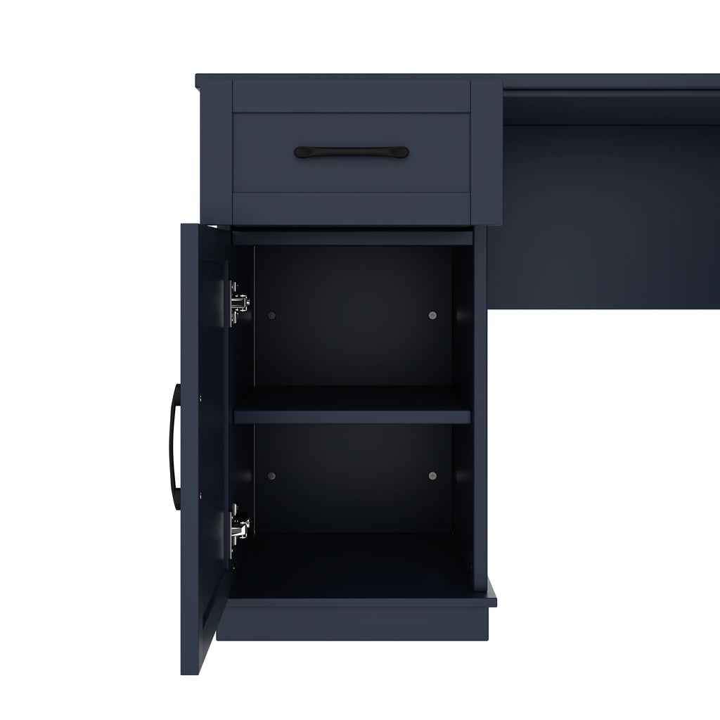 L-Shaped Computer Desk with 2 Cabinets and 2 Drawers, 11 Open Shelves, with Power Outlet, for Study, Living Room and Office, Antique Blue