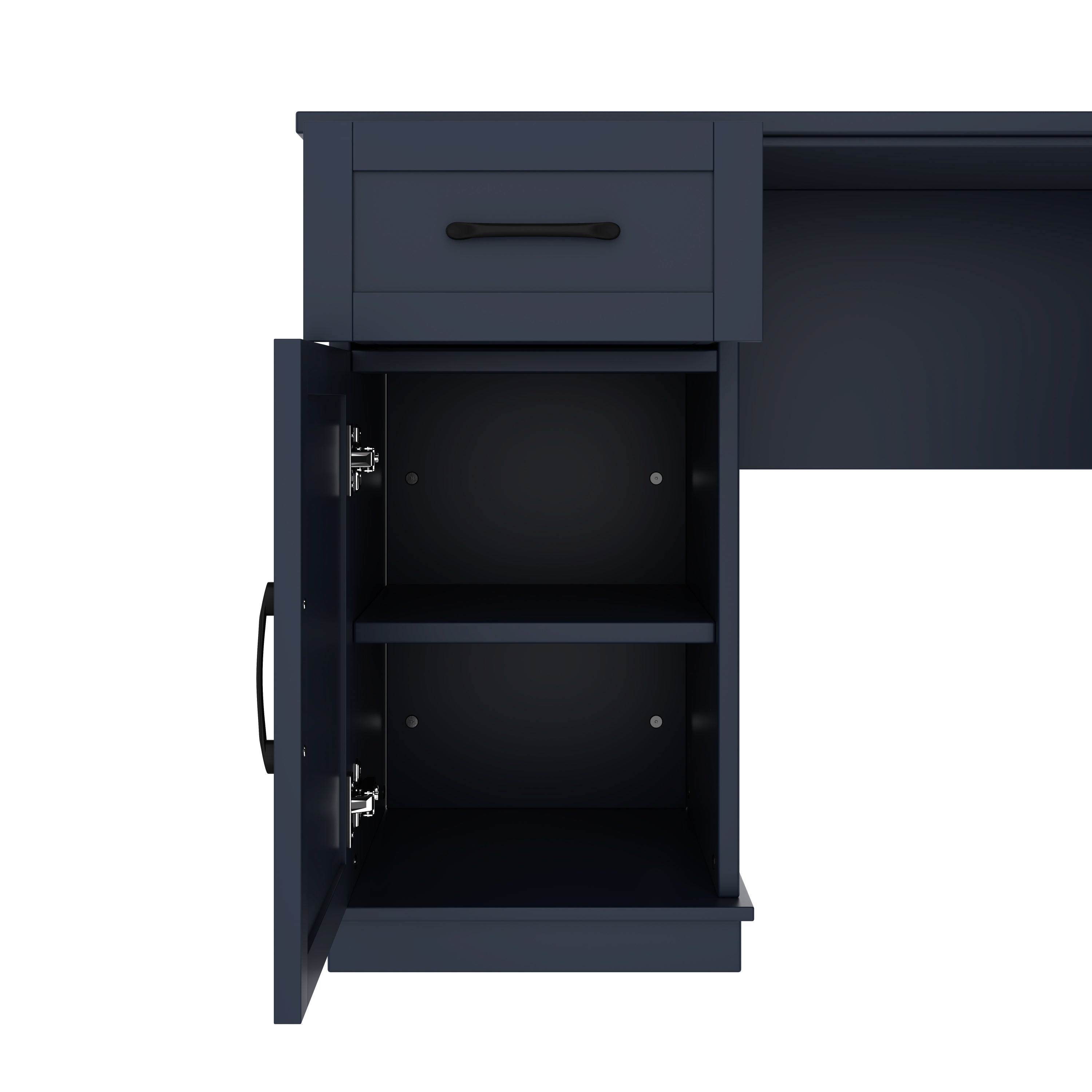 L-Shaped Computer Desk with 2 Cabinets and 2 Drawers, 11 Open Shelves, with Power Outlet, for Study, Living Room and Office, Antique Blue