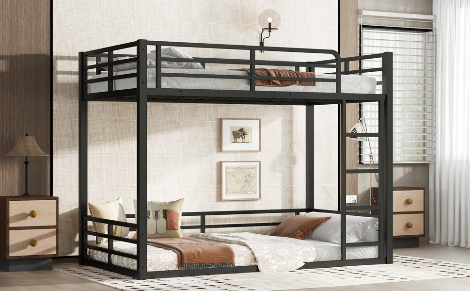 Metal Bunk Bed, Twin XL over Twin XL Floor Bunk Bed Frame, Heavy-Duty Bunk Bed for Kids, Teens, Adults, Noise-reduced Design, Black
