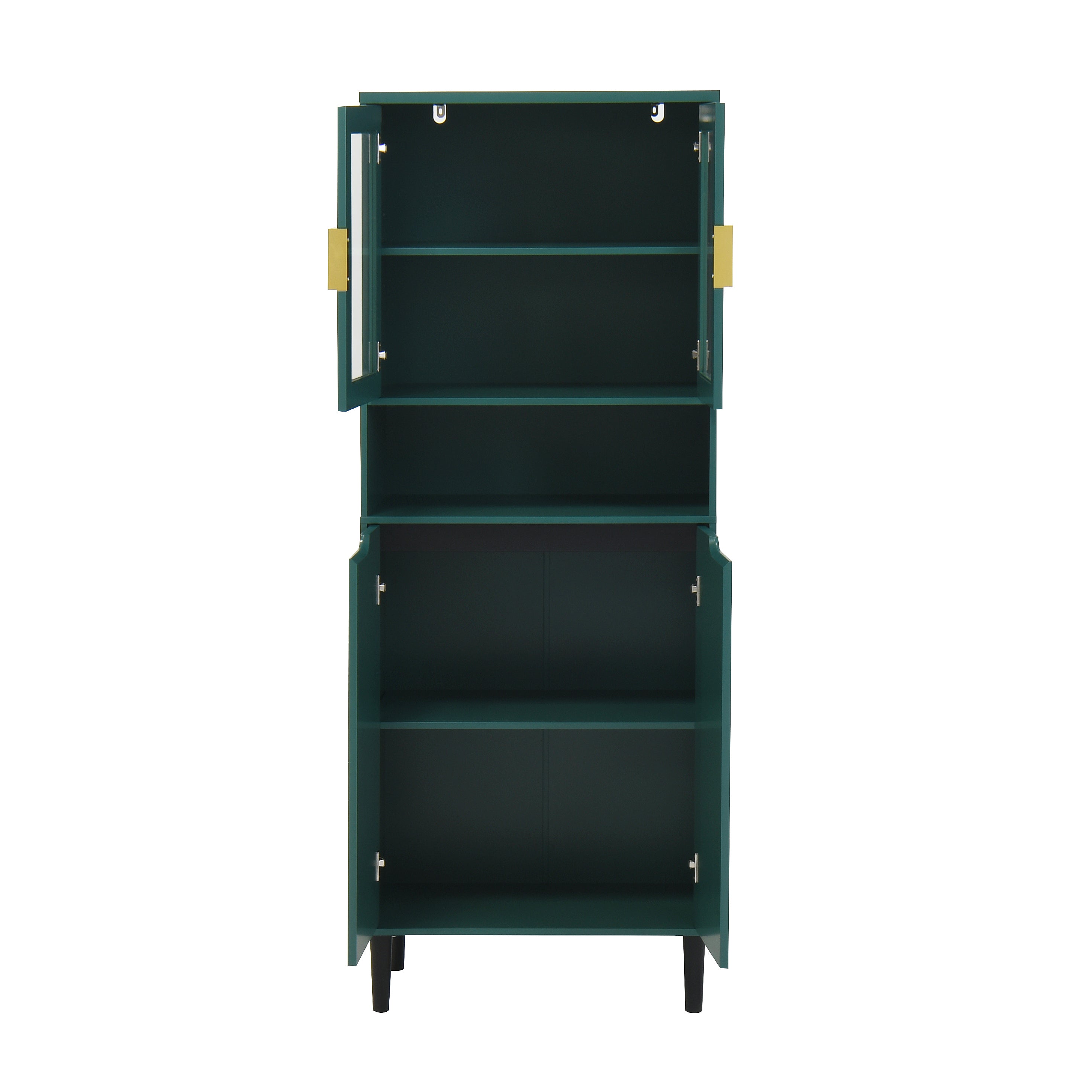 Tall Storage Bookcase with 2 Glass Display Door & 2 Doors, Tall Kitchen Pantry Cabinet with Gold Handles, Modern Cabinet Freestanding Living Room Green