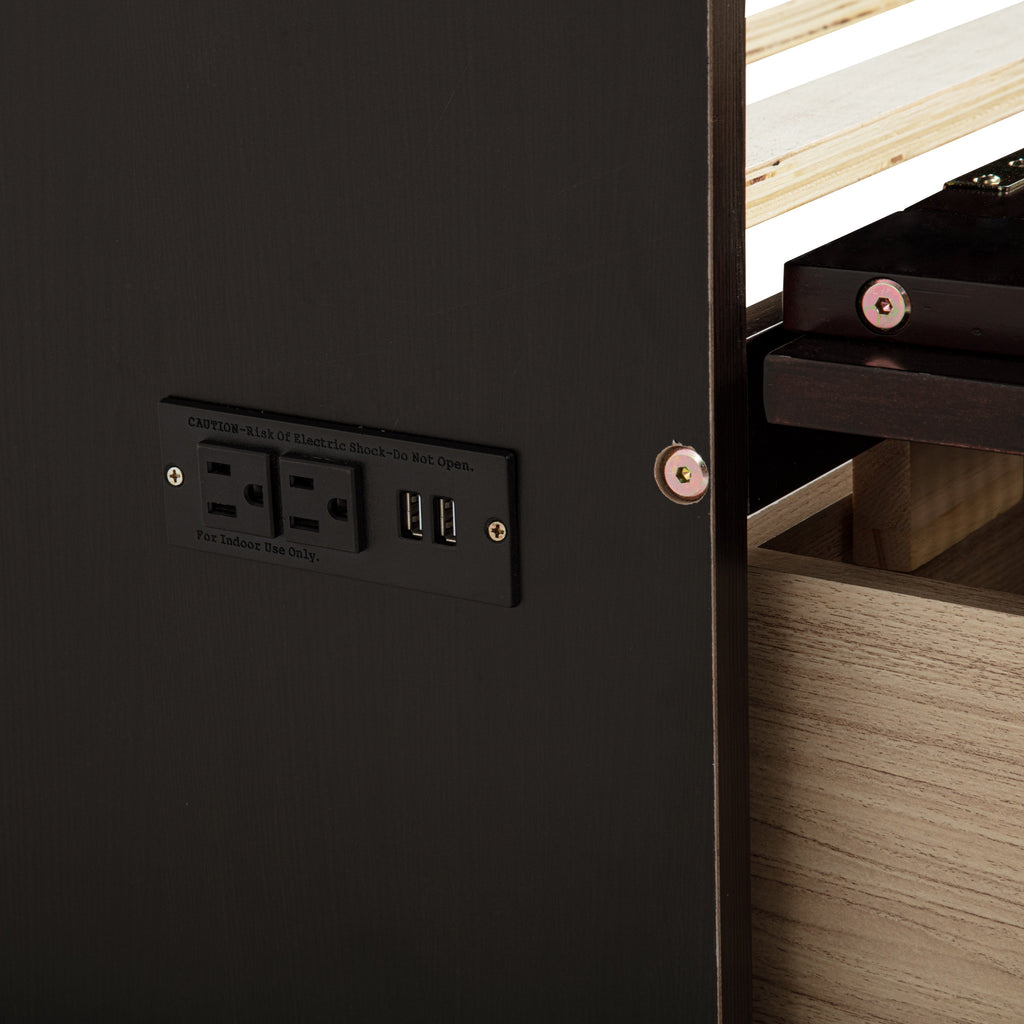 Queen Size Murphy Bed, Pine Wood Cabinet Bed with Power Station and Rattan Decoration Panel,Espresso