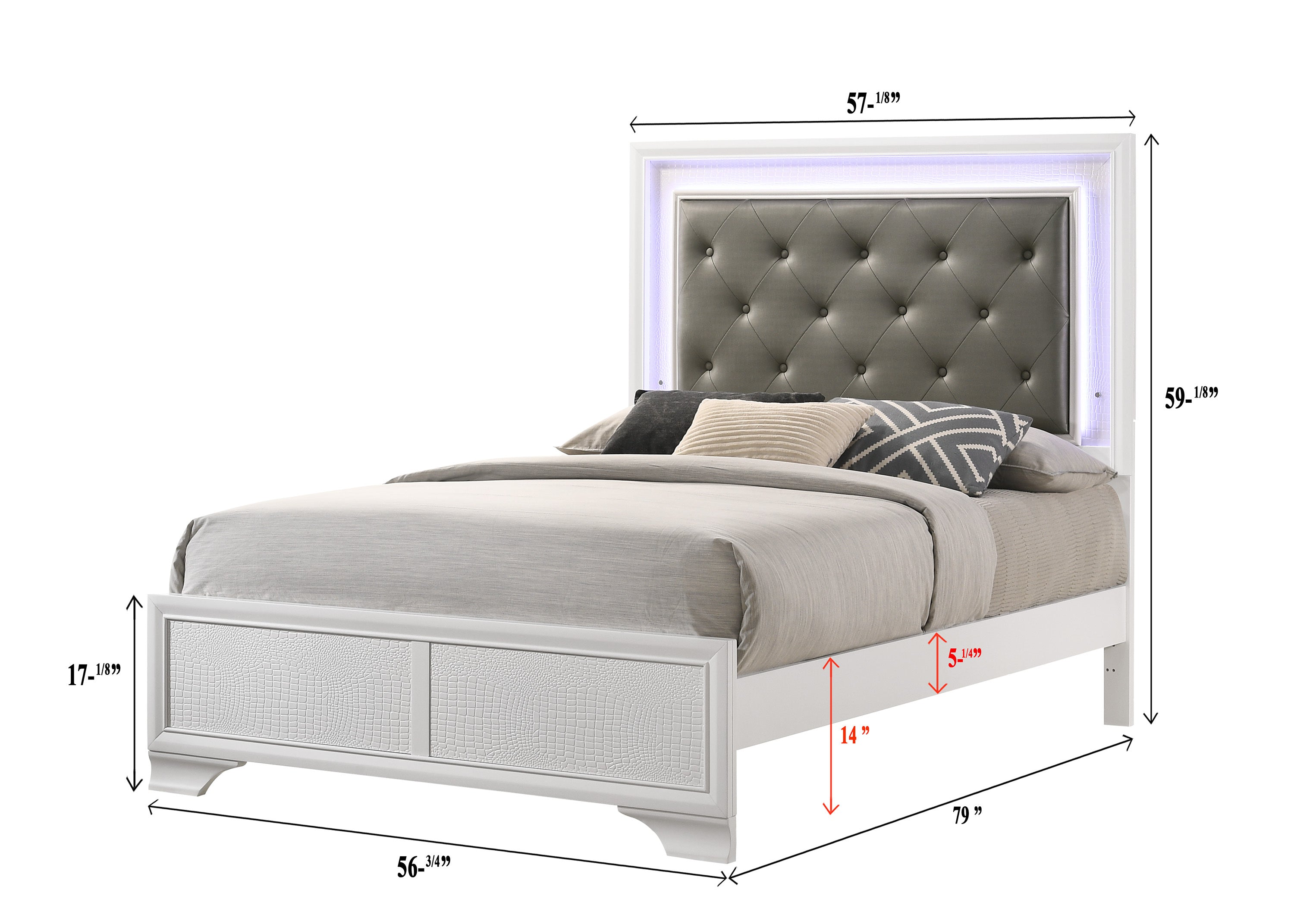 Modern White Crocodile Skin Finish Upholstered 1pc Full Size LED Panel Bed Faux Diamond Tufted Bedroom Furniture