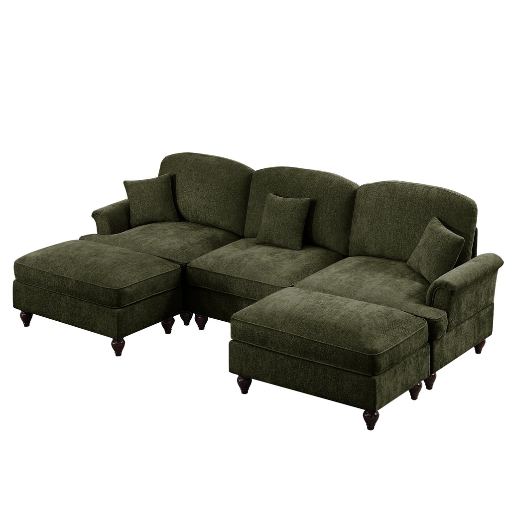 Classic Comfy Modular U Shape Sectional Sofa Couch with Flared Arms and Removable Ruffles Pleats Skirts and Spindle Legs, Upholstered Chenille Deep Seat Cloud Sofa with Movable Ottomans,Green