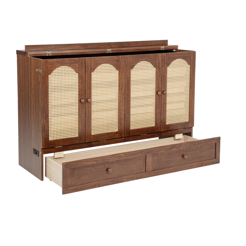 Queen Size Murphy Bed, Pine Wood Cabinet Bed with Power Station and Rattan Decoration Panel,Walnut