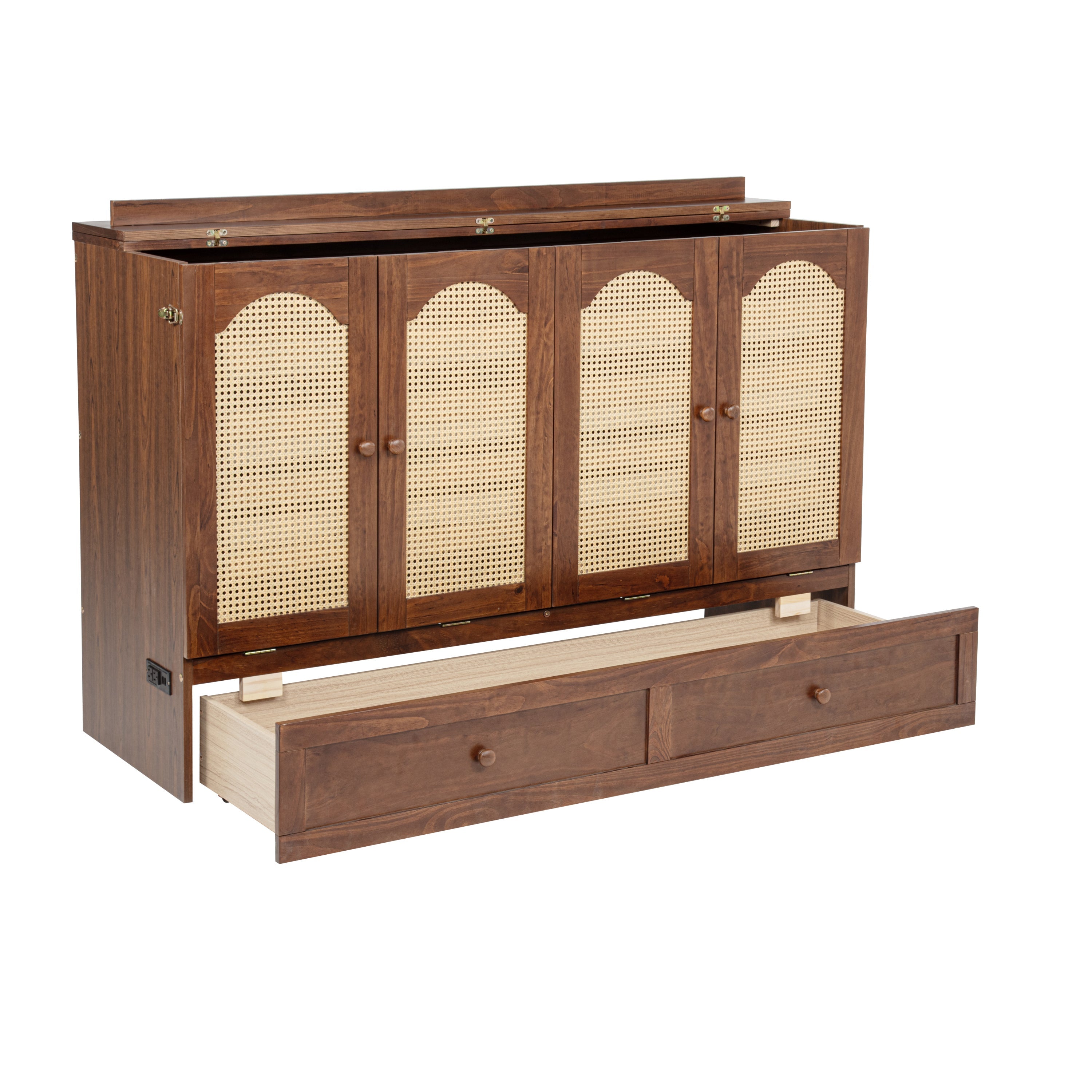 Queen Size Murphy Bed, Pine Wood Cabinet Bed with Power Station and Rattan Decoration Panel,Walnut