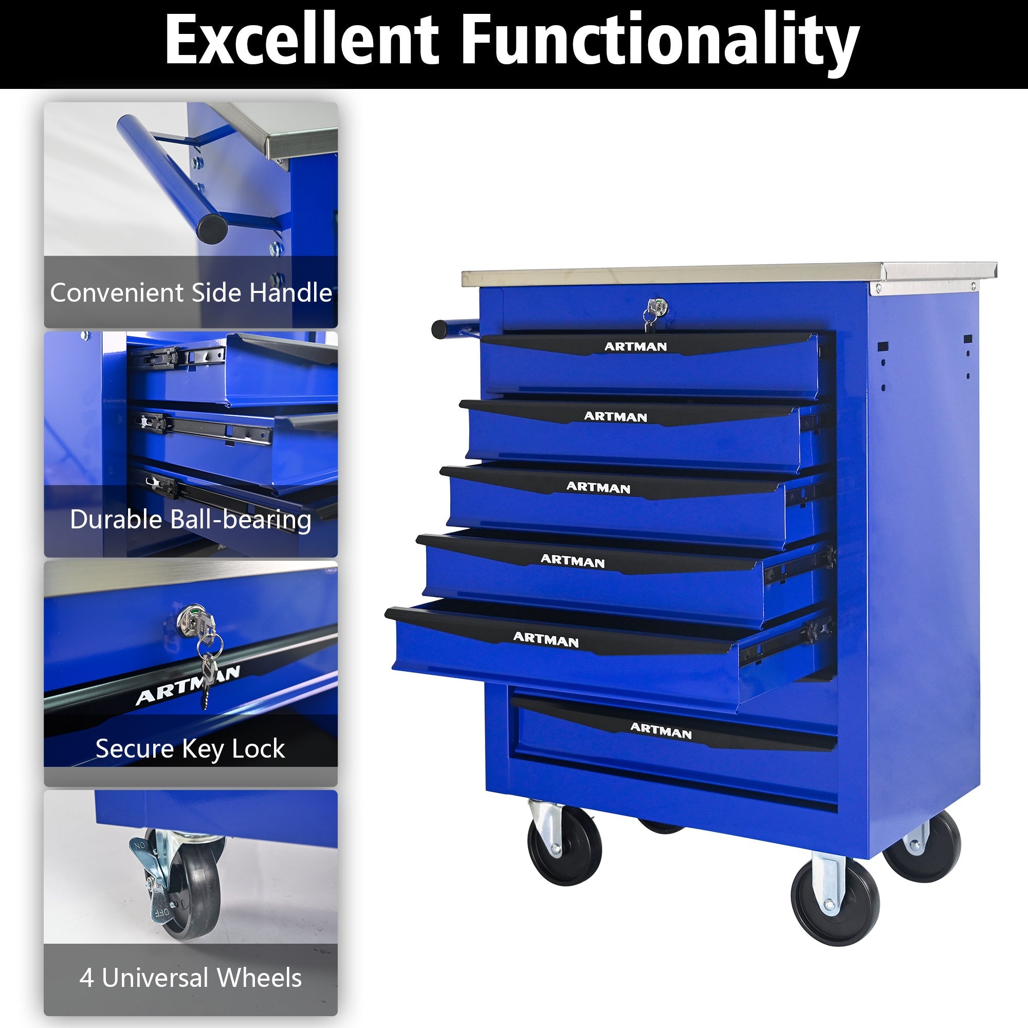 7 Drawers Multifunctional Tool Cart with Wheels,Metal Rolling Tool Cart Storage for Garage Workshop Warehouse Repair Shop--With Stainless Steel Roof- BLACK&BLUE