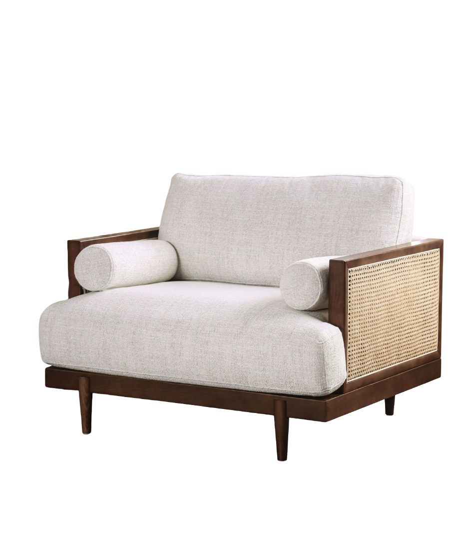 Beige And Walnut Finish Beautiful Chair Tapered Legs Loose Pillow Back Ash Wood Trim Side Bolster Pillows Mid-Century Modern