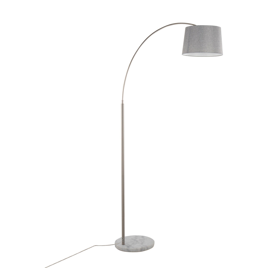 March Contemporary Floor Lamp in White Marble and Nickel with Grey Linen Shade by LumiSource