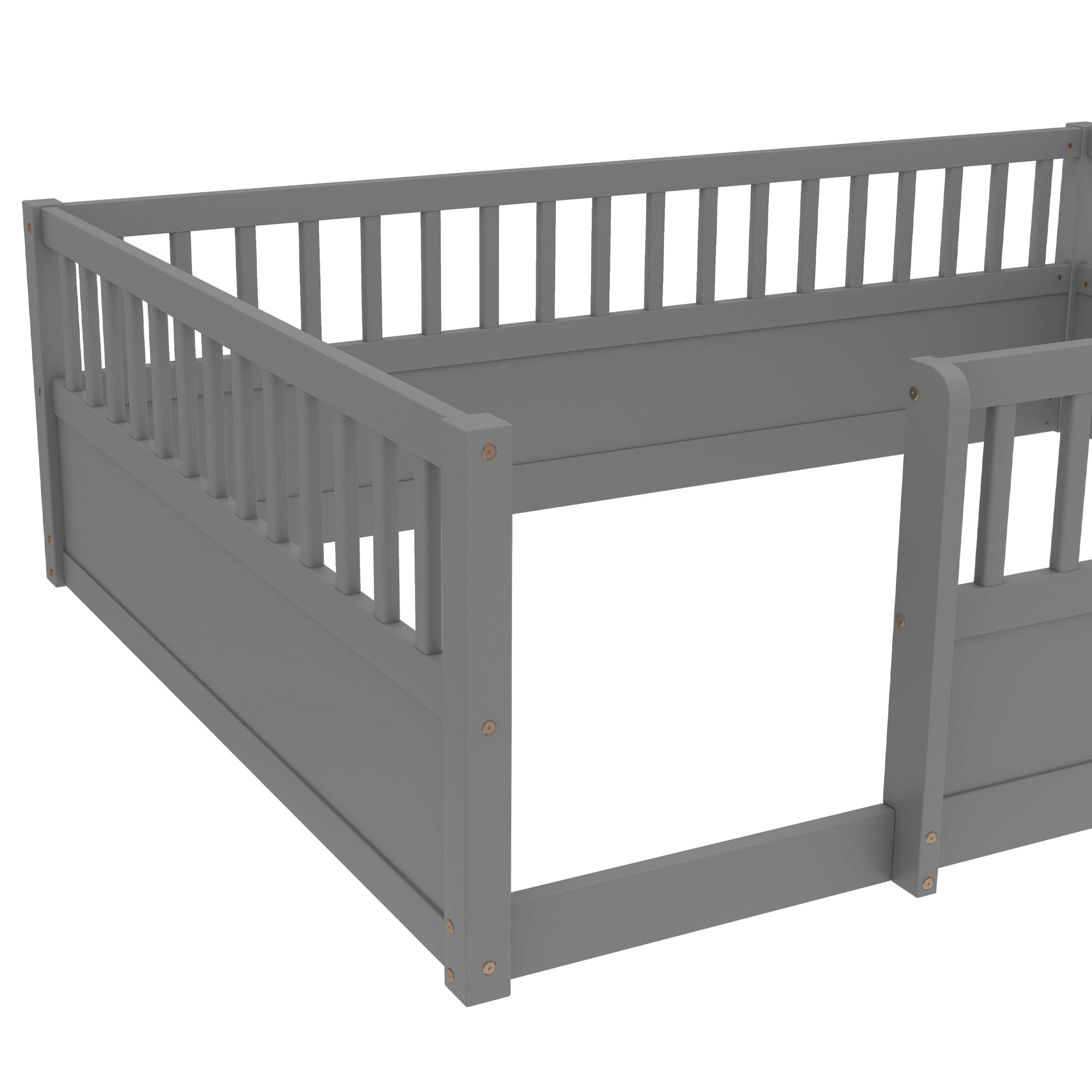 Full Floor Bed Frame with Fence, Montessori wooden children's floor bed,Wood Kids Floor Beds Frame for Bedroom Playroom,Gray