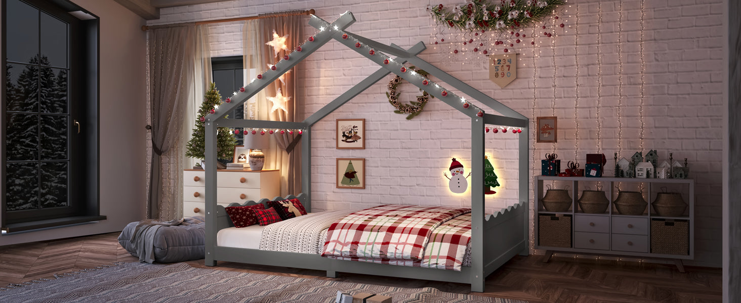 Full House Floor Bed with Support Slats, Solid Wood House Bed Frame for Kids, No Box Spring Needed and Opening Constructure, Gray