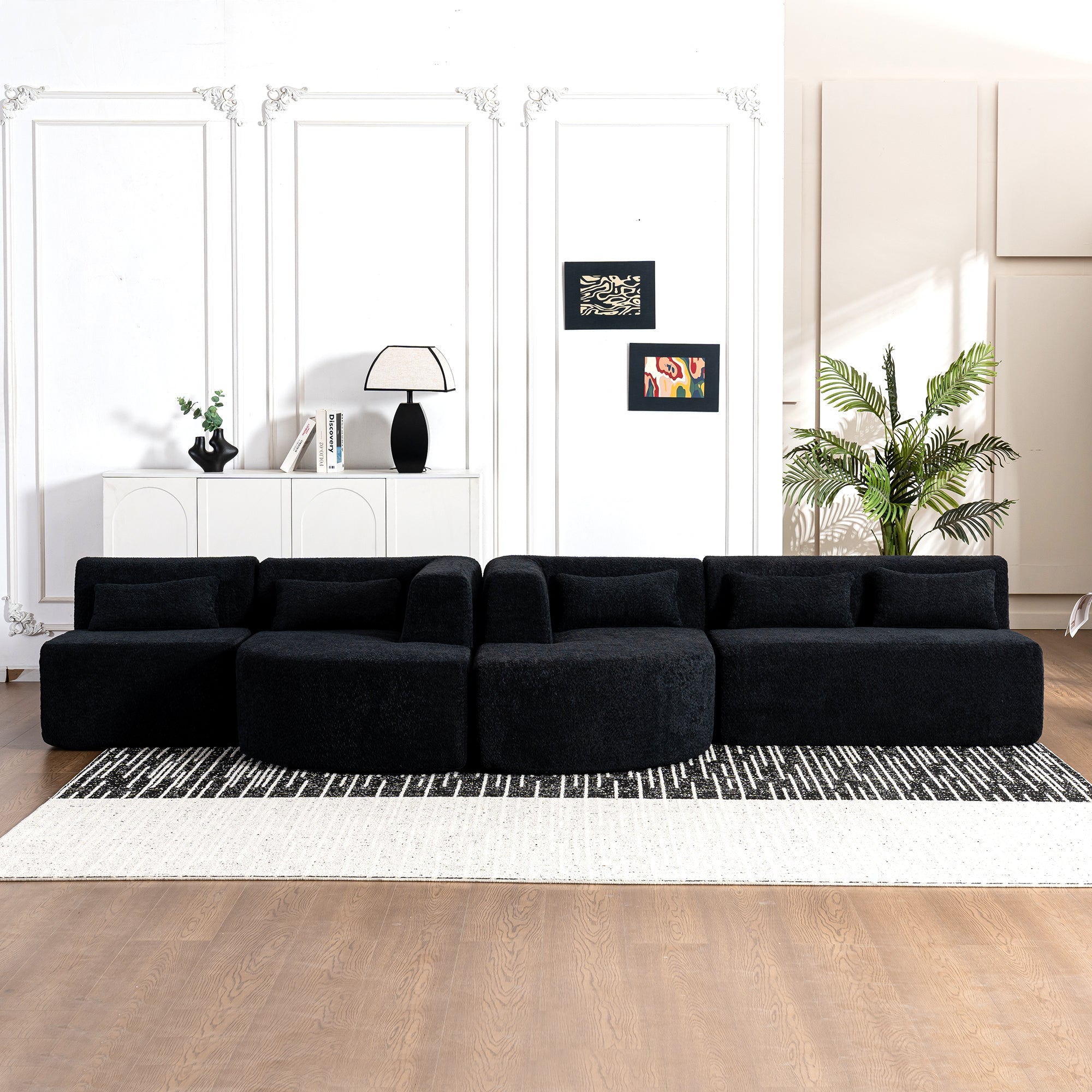 144' Upholstered Sofa Free-combined Sofa Couch with Two Chaise Lounge and Five Back Pillows for Living Room(Old SKU: N719S001600B), Black