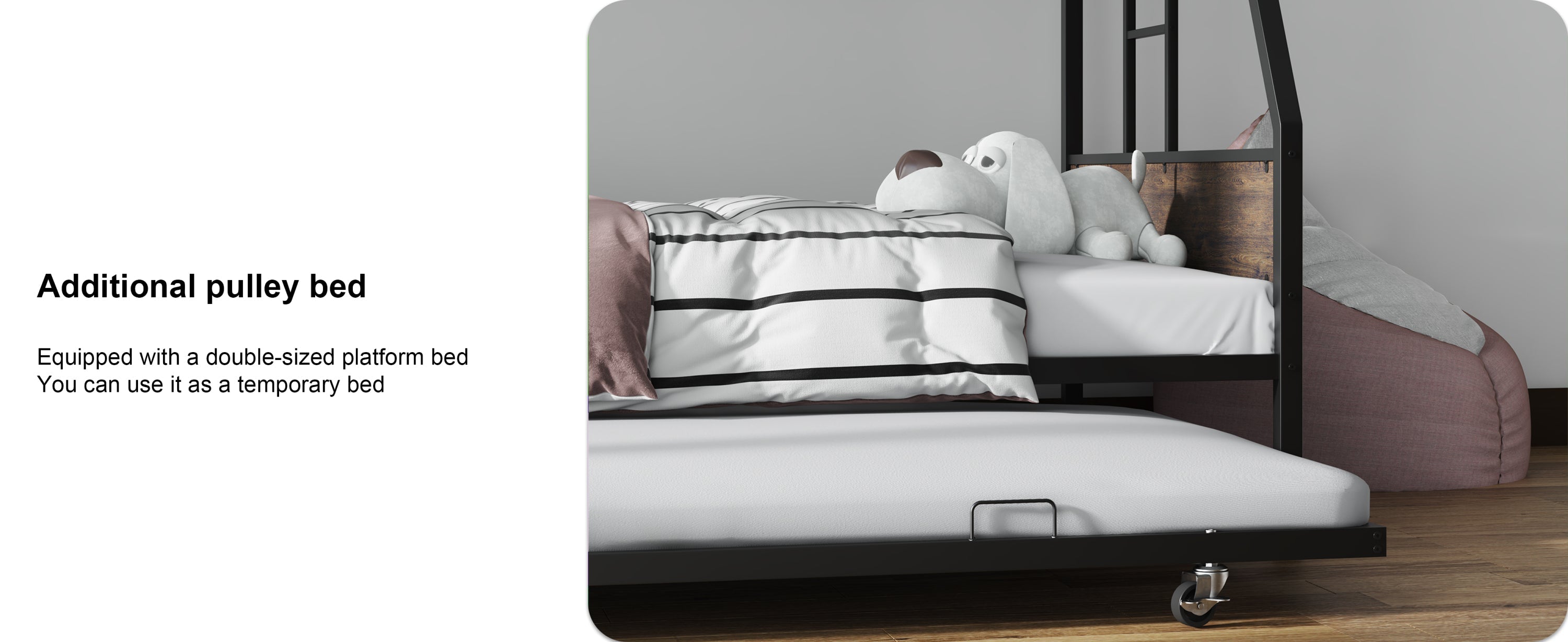 Twin Over Full Bunk Beds with Trundle, Metal Bunk Bed Frame with Safety Guardrail and 2 Ladder for Kids,Sturdy Metal Frame and Protective Board Supports, No Box Spring Needed, Easy Assembly