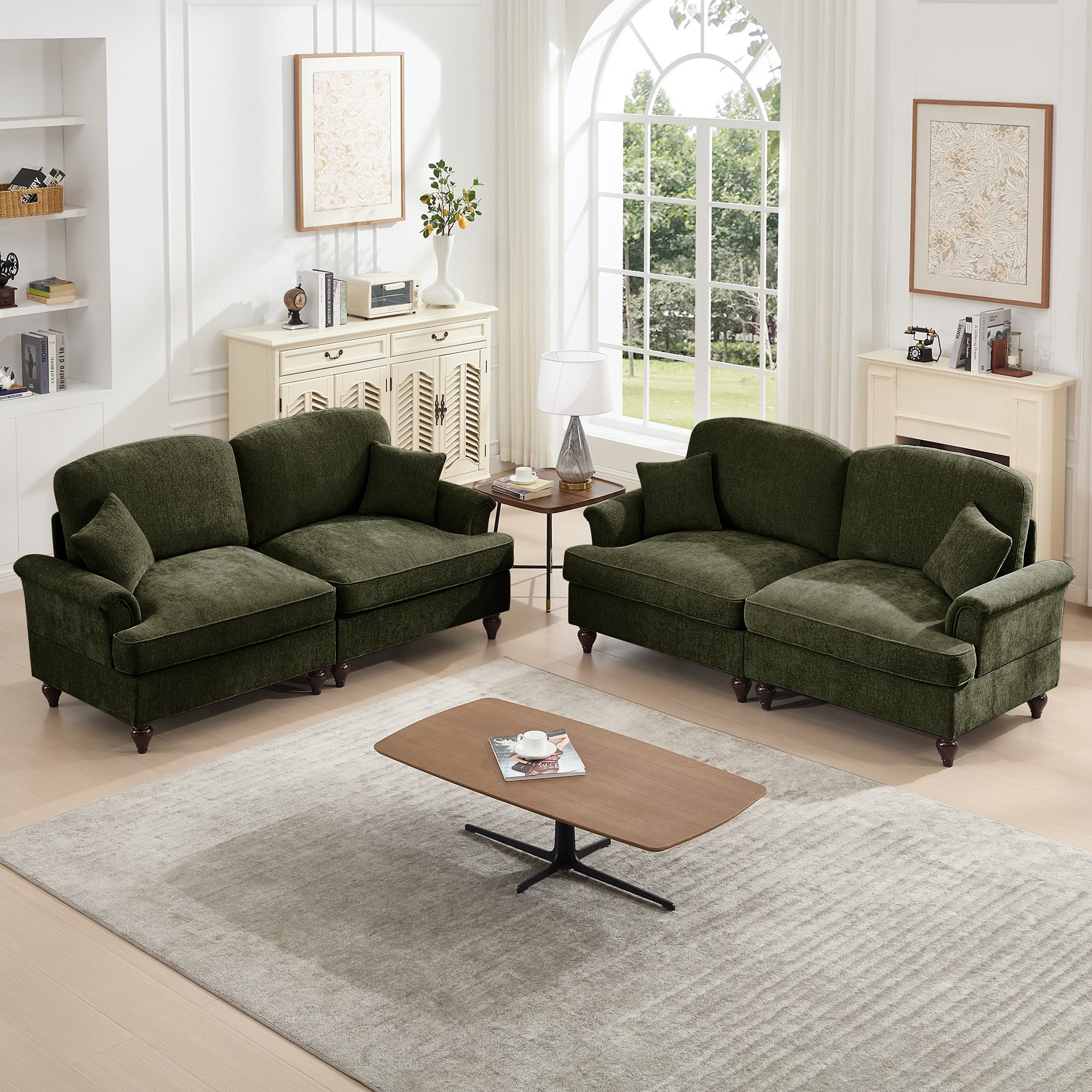 Classic 2 Piece Modular Couch Living Room Sofa Set with Flared Arms and Removable Ruffles Pleats Skirts and Spindle Legs, 2 Seater Sofa + 2-Seat Loveseat Sofa Sets for Living Room,Green