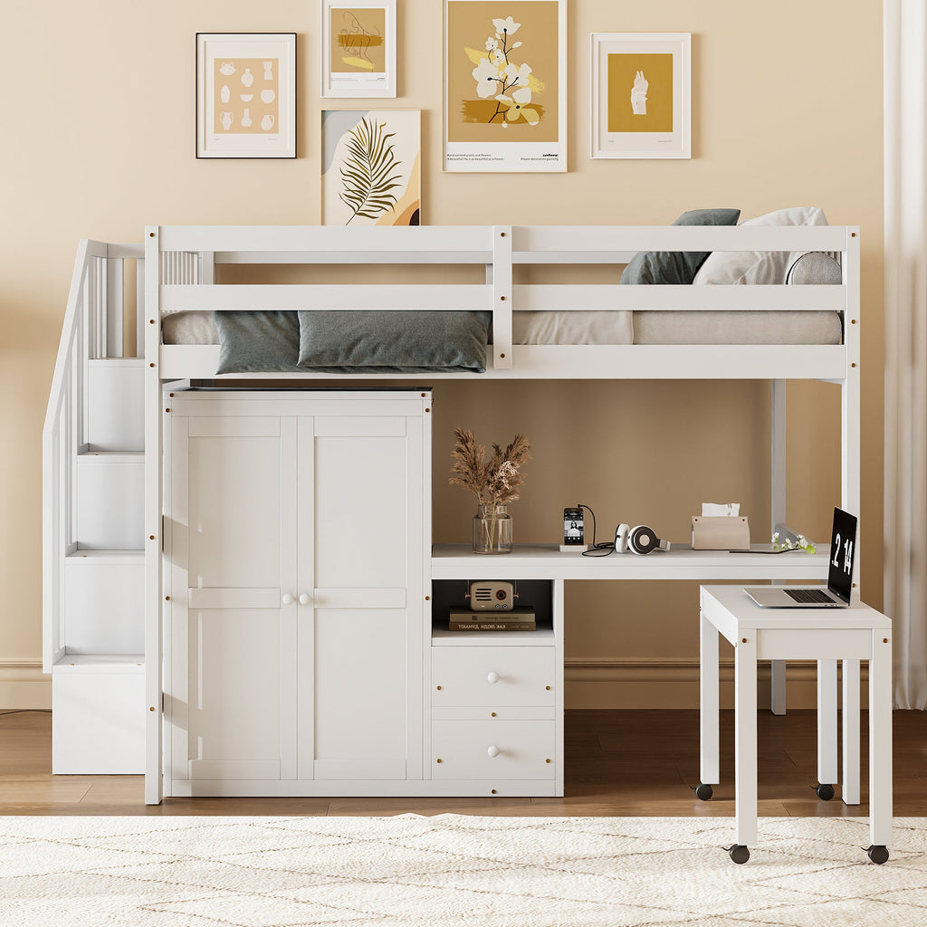 Full Size Loft Bed with Stairs, Bookshelf, Drawers, Desk & Wardrobe – Space-Saving Multifunctional Furniture for Kids & Teens-White